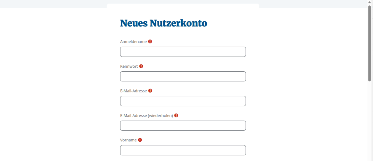 Maske zur Eingabe der persönlichen Daten und des Anmeldezugangs