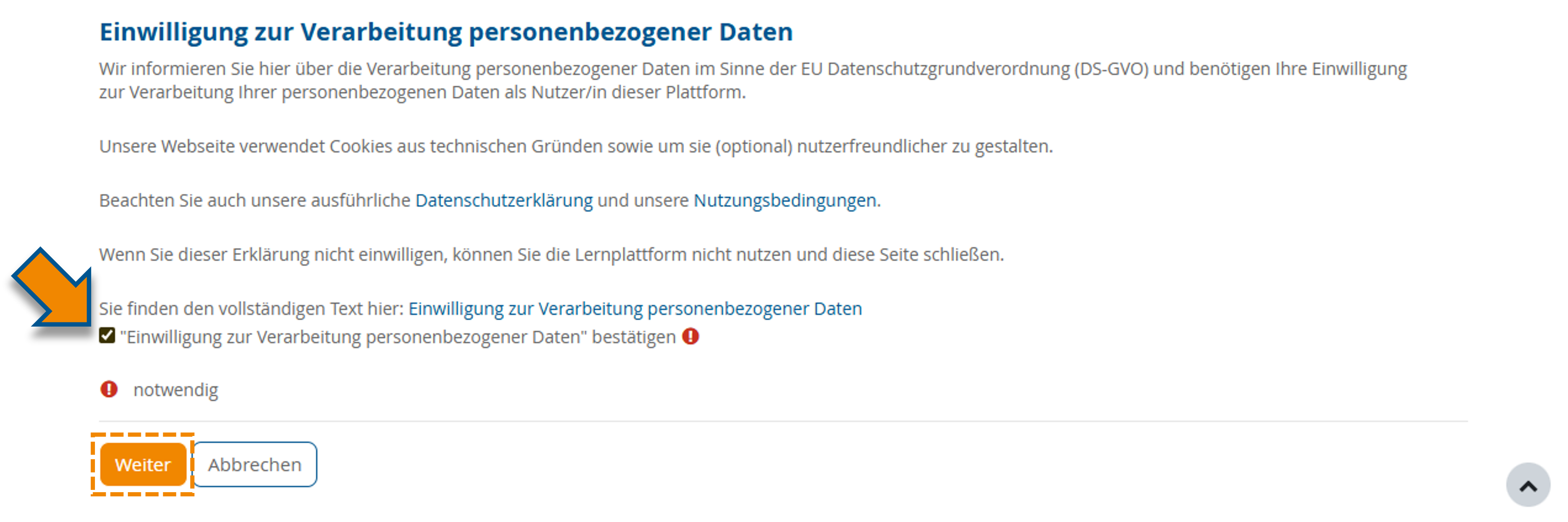 Haken gesetzt bei "Einwilligung zur Verarbeitung personenbezogener Daten bestätigen".