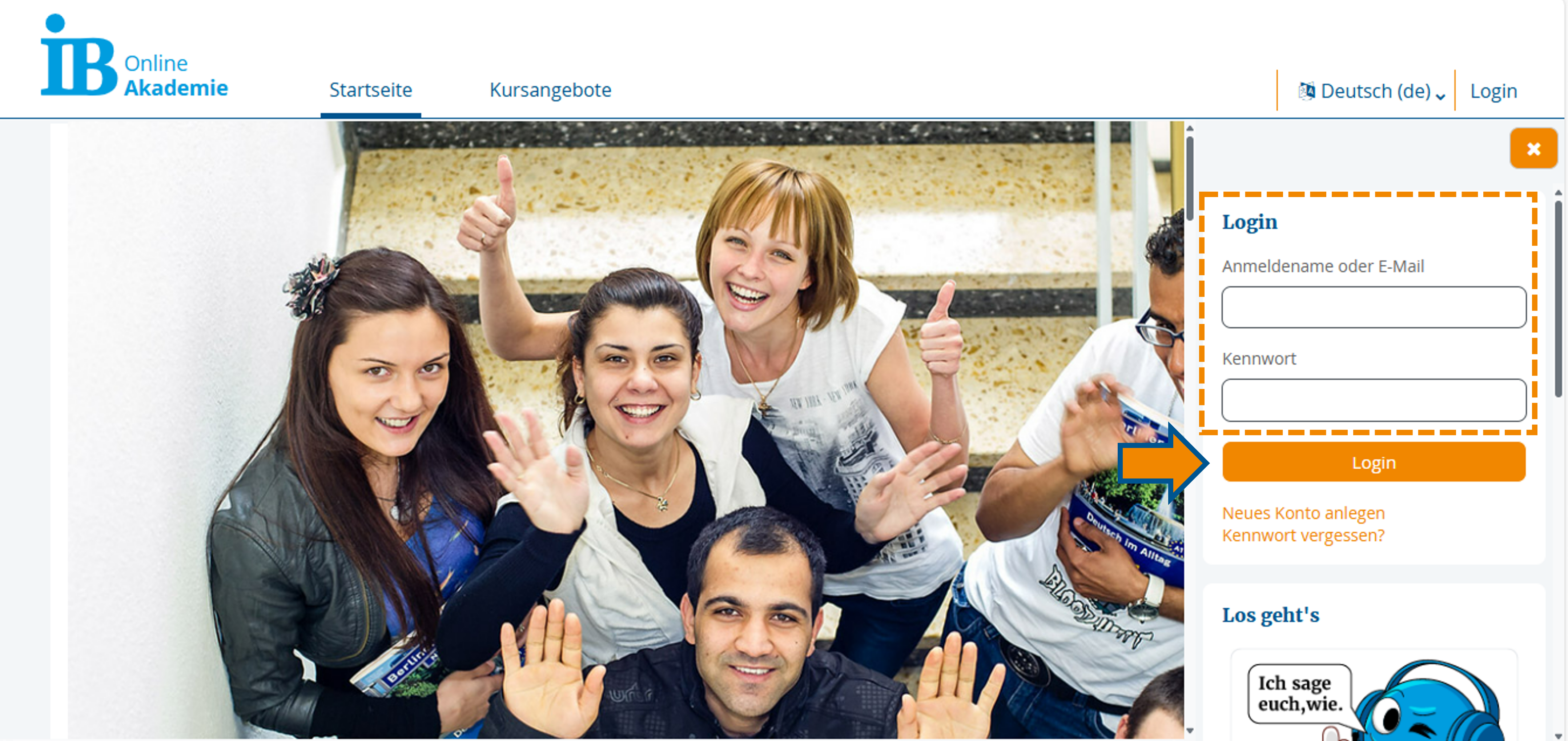 Zugangsdaten angeben in der Blockleiste auf der Startseite.