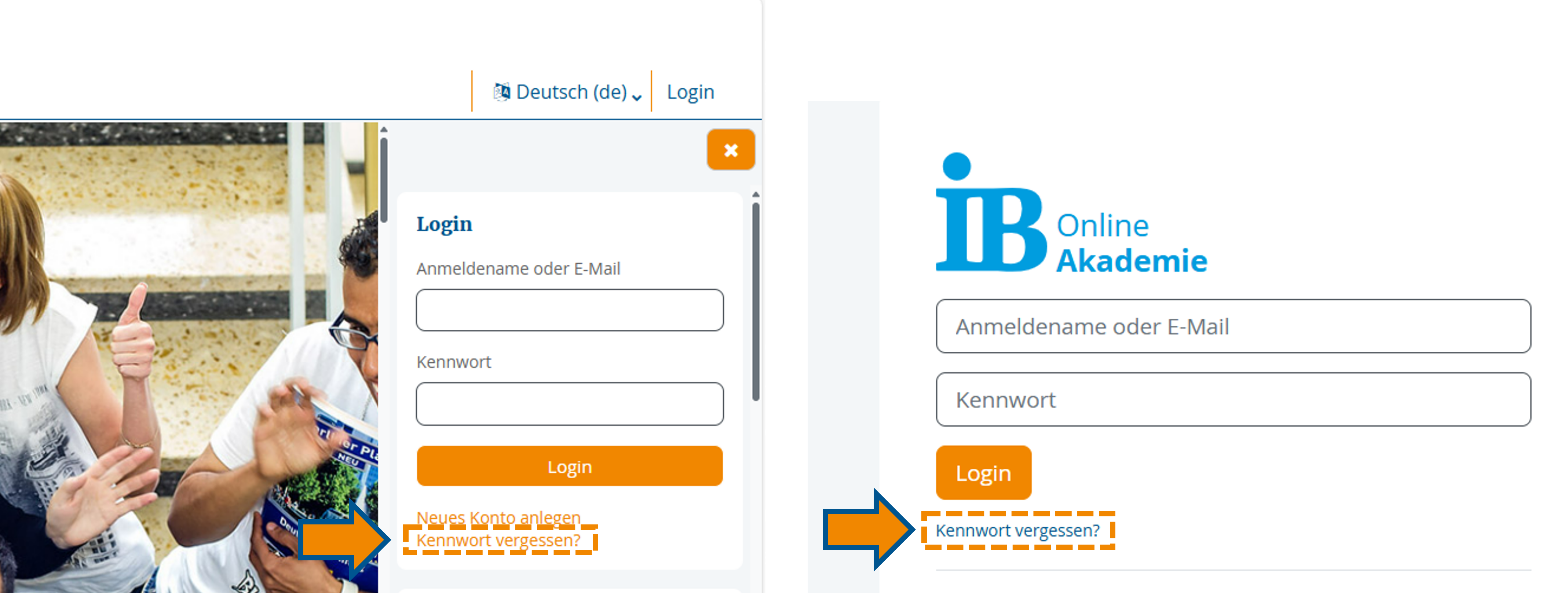 "Kennwort vergessen?"-Funktion in der Blockleiste (links) und in der Login-Maske (rechts).