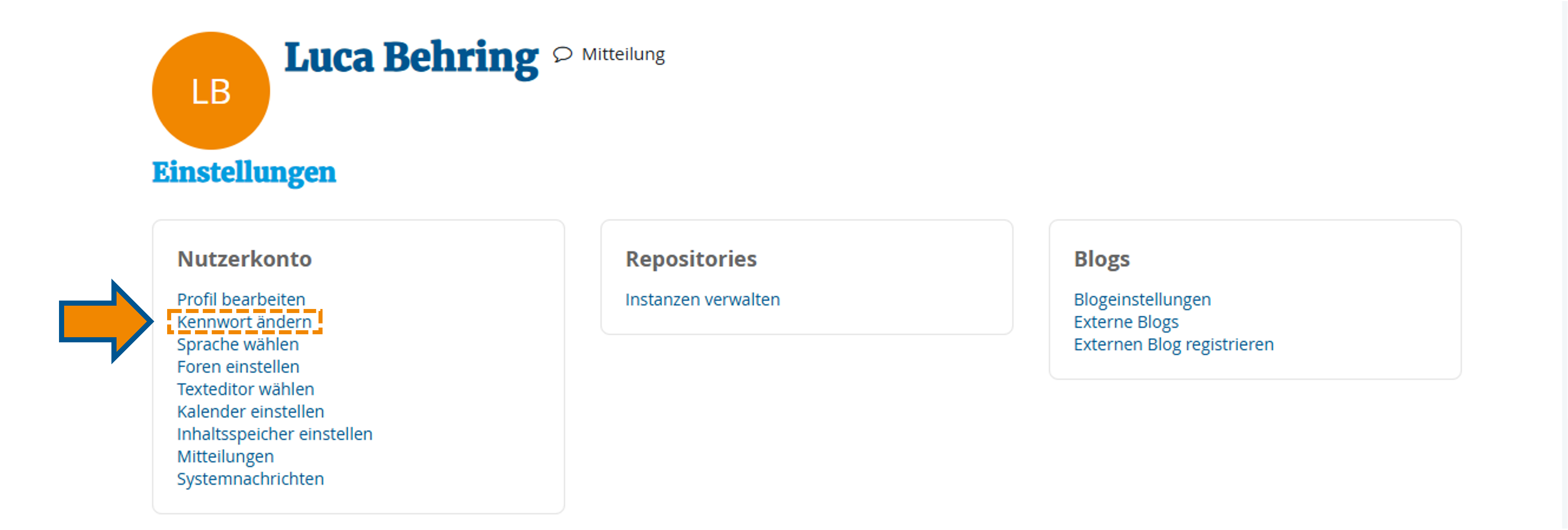 Unter den Einstellungen den Nutzerkontos "Kennwort ändern" auswählen.