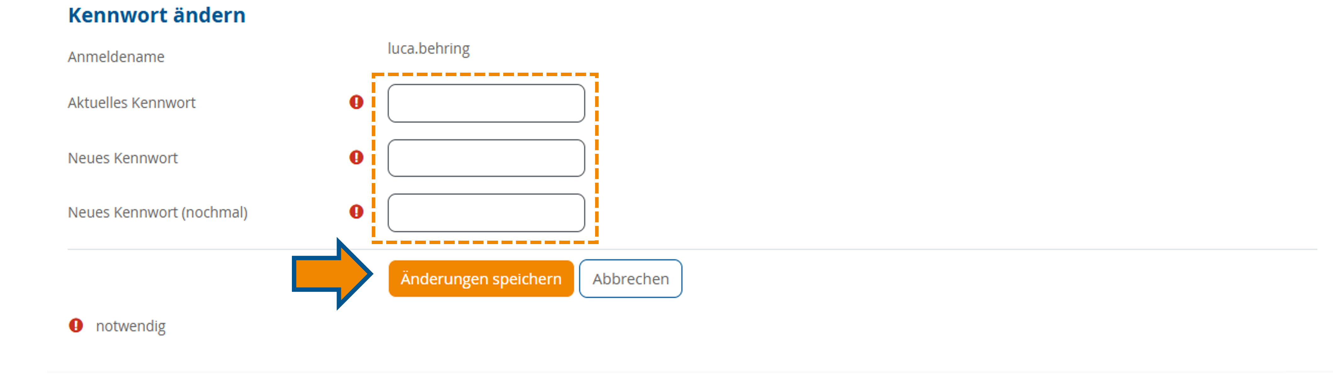Kennwörter angeben und Änderungen speichern.