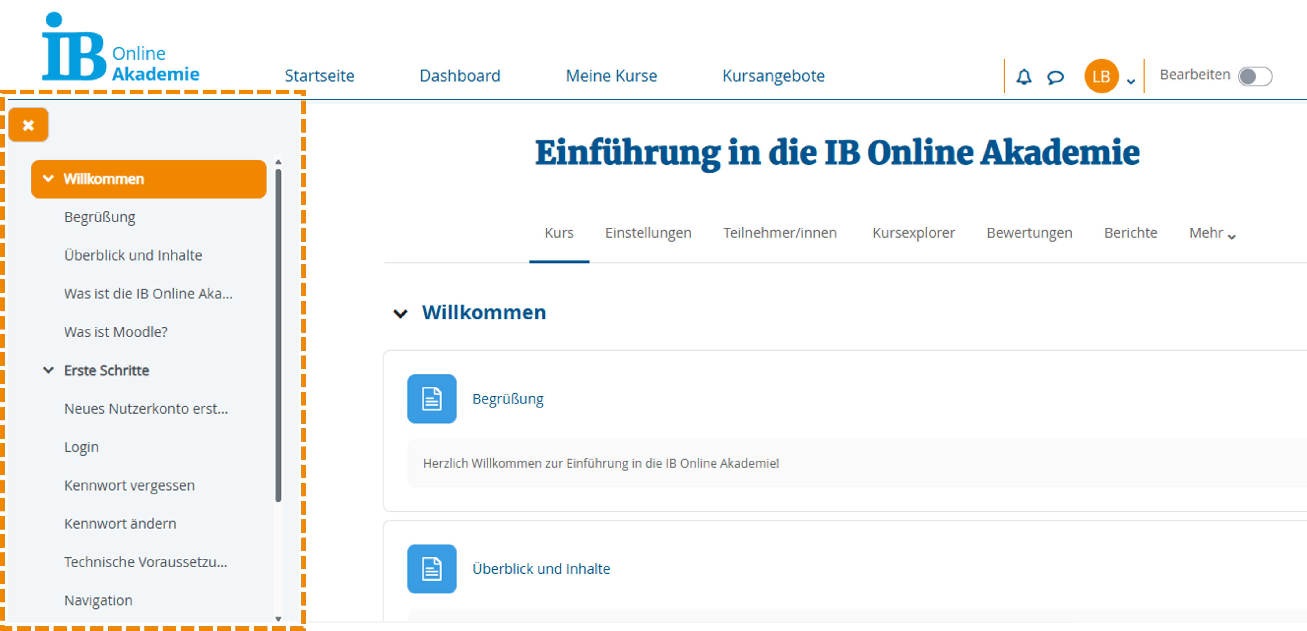 Kursmenü (links) im Kursraum