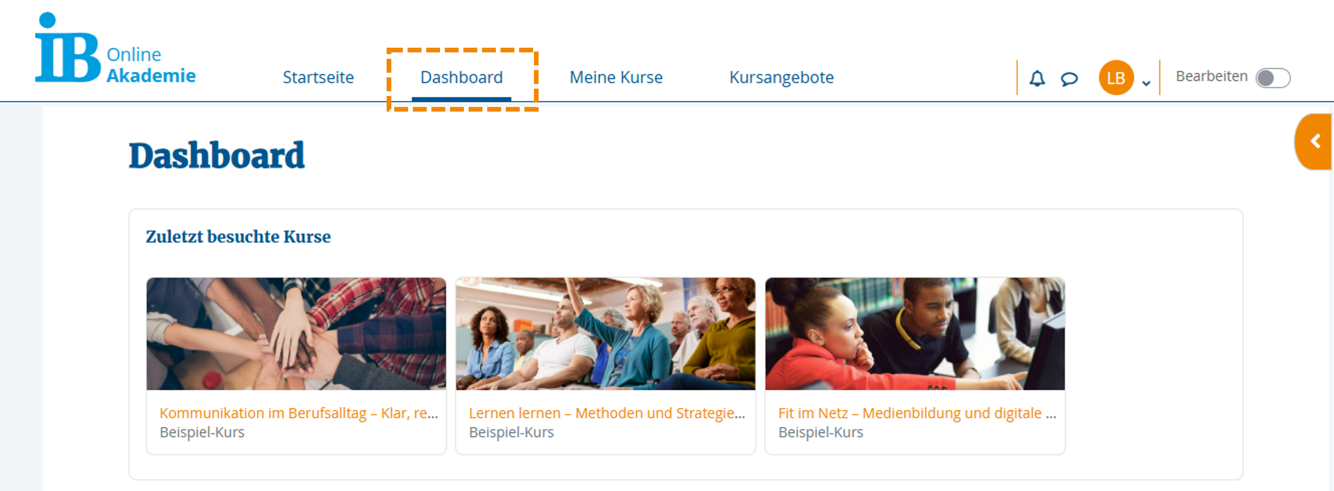 Auswahl "Dashboard" in Menüleiste
