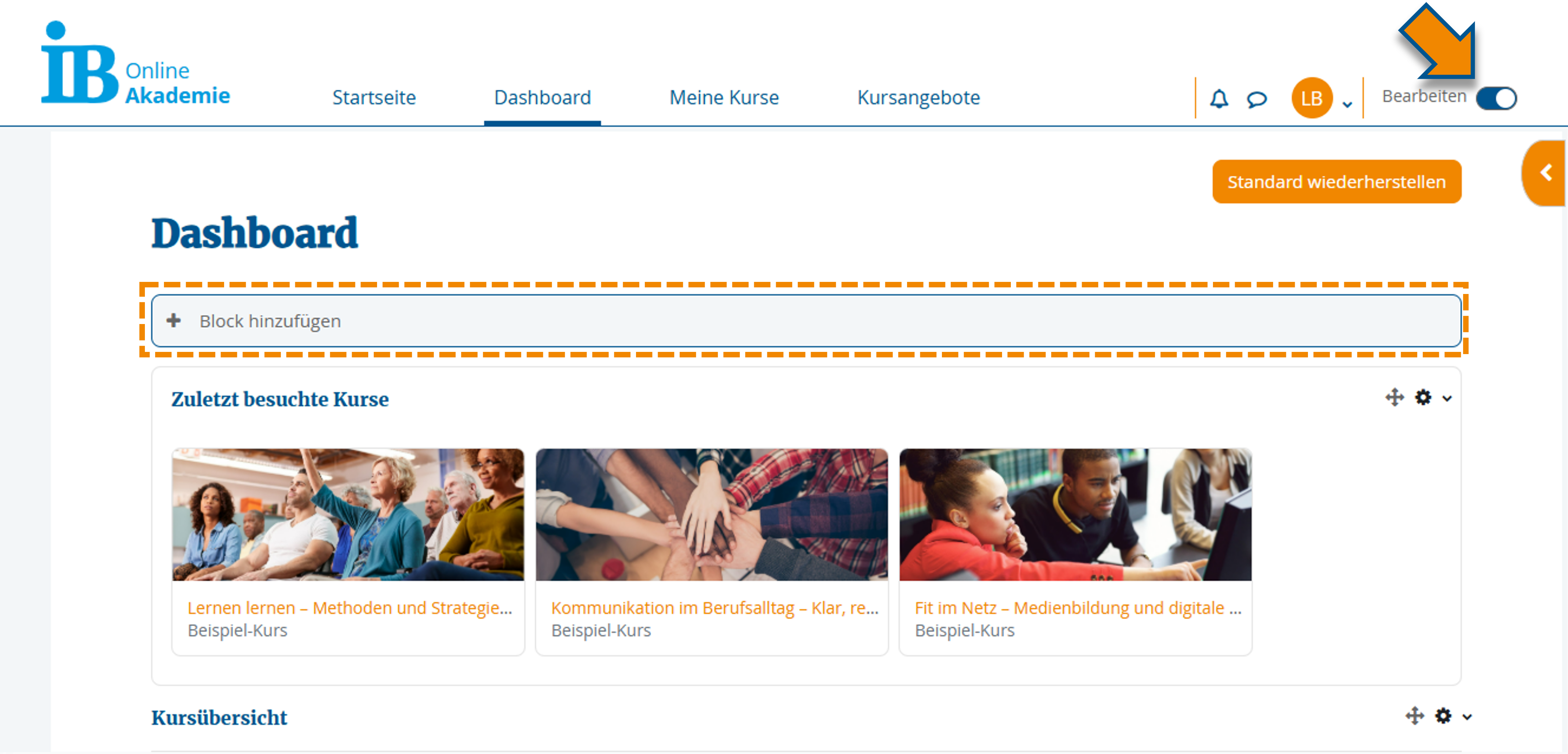Bearbeitungs-Modus aktivieren und Block im Dashboard hinzufügen