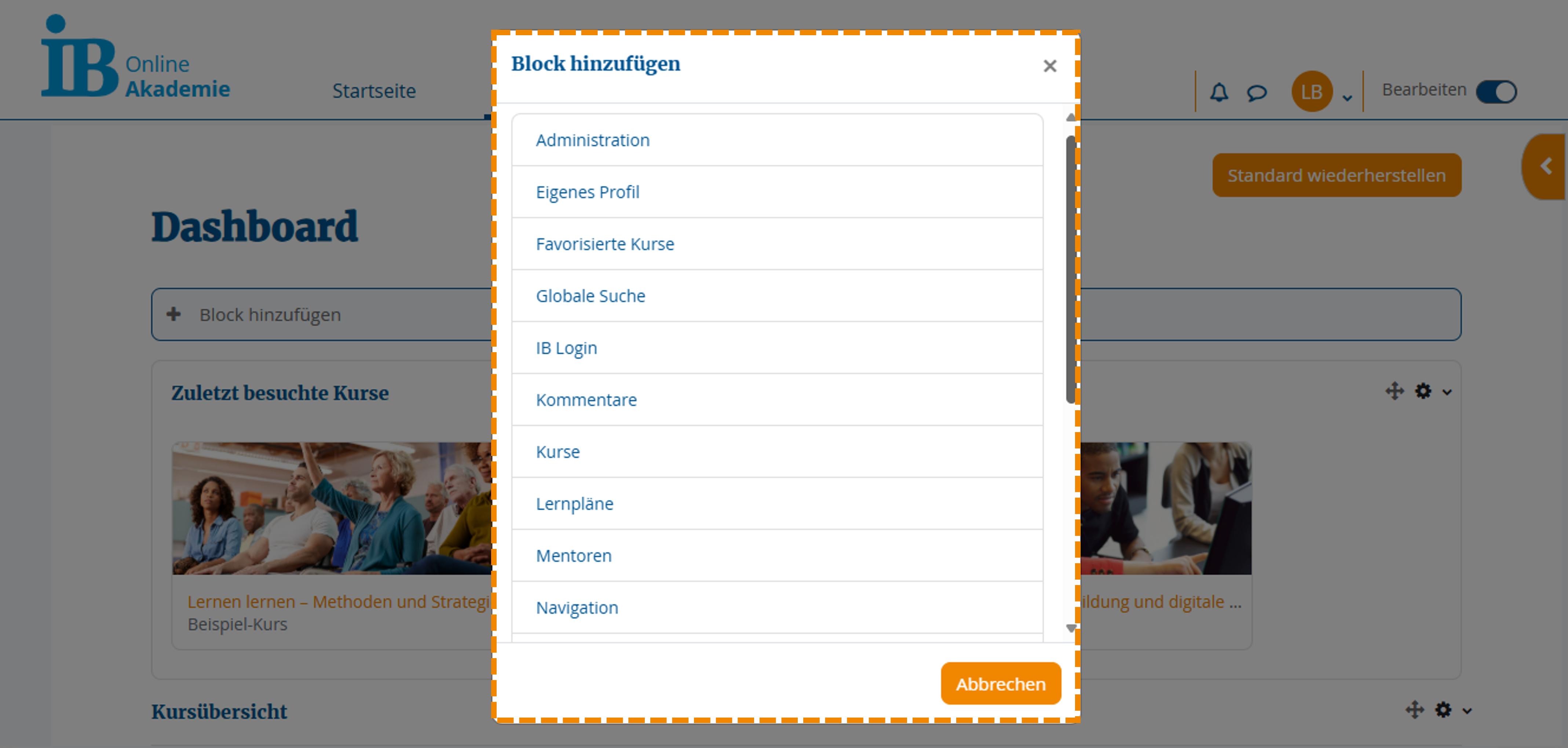 Übersicht "Block hinzufügen" mit hinzufügbaren Blöcken