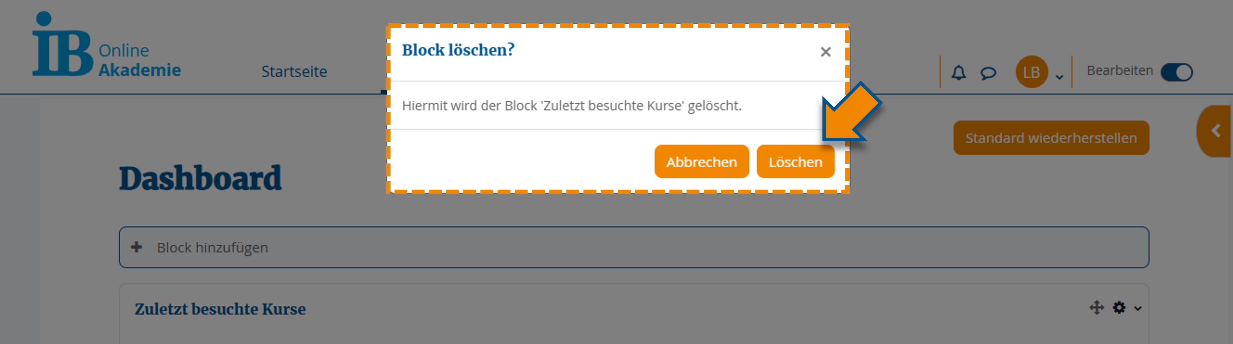 Löschen des Blocks im sich öffnenden Pop-up bestätigen