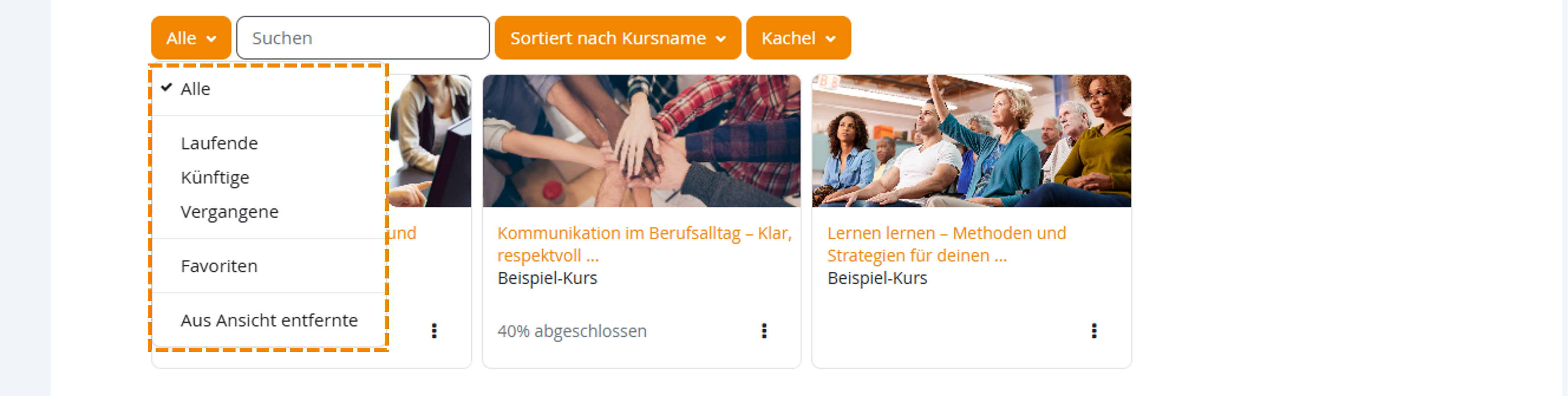 Dropdown-Menü zum Filtern der Kurse nach Aktualität