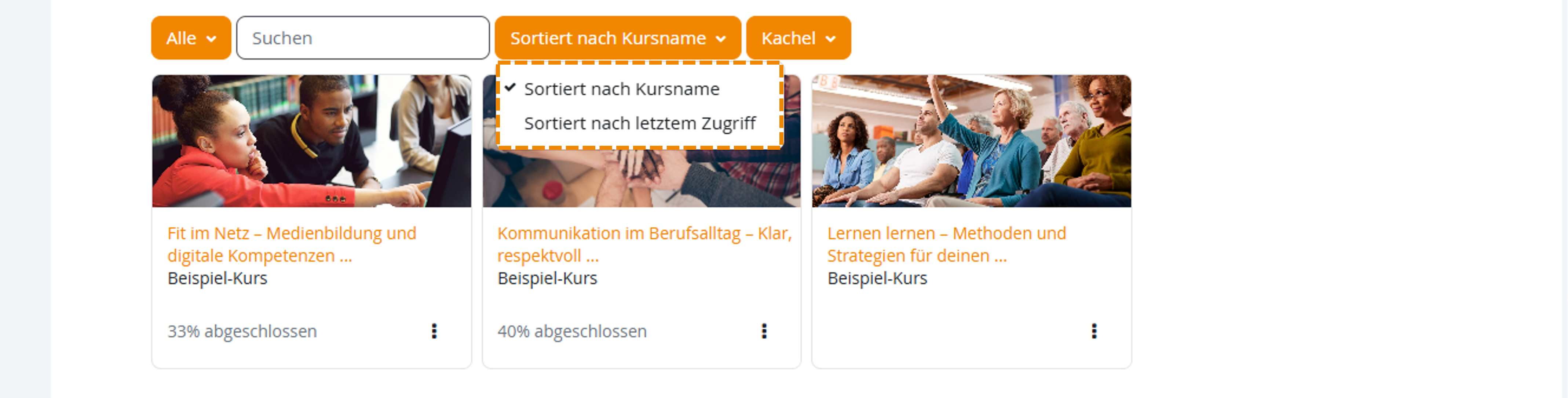 Dropdown-Menü zum Sortieren der Kurse nach Name oder Zugriff