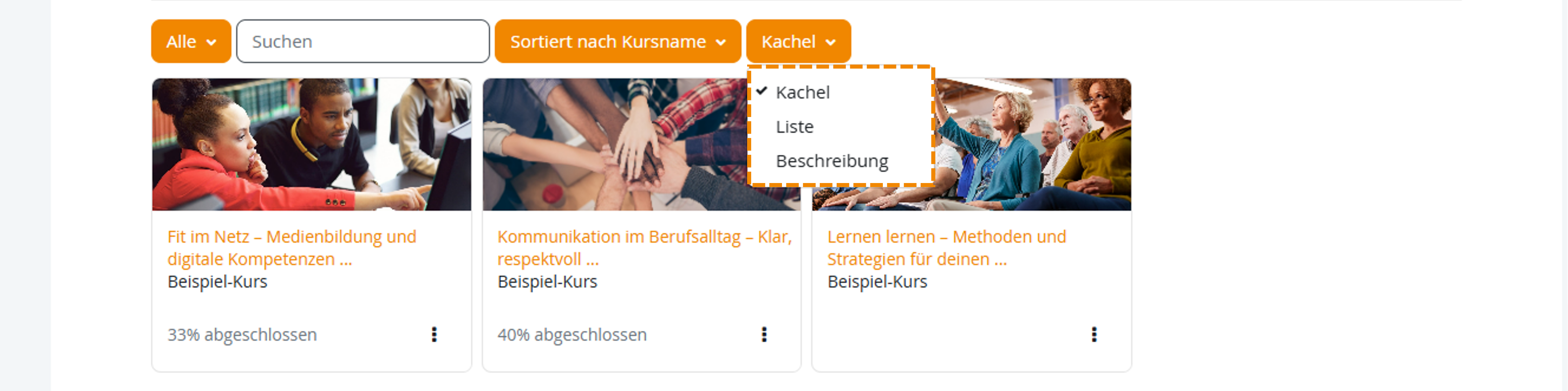 Dropdown-Menü zum Wechseln der Kursansicht