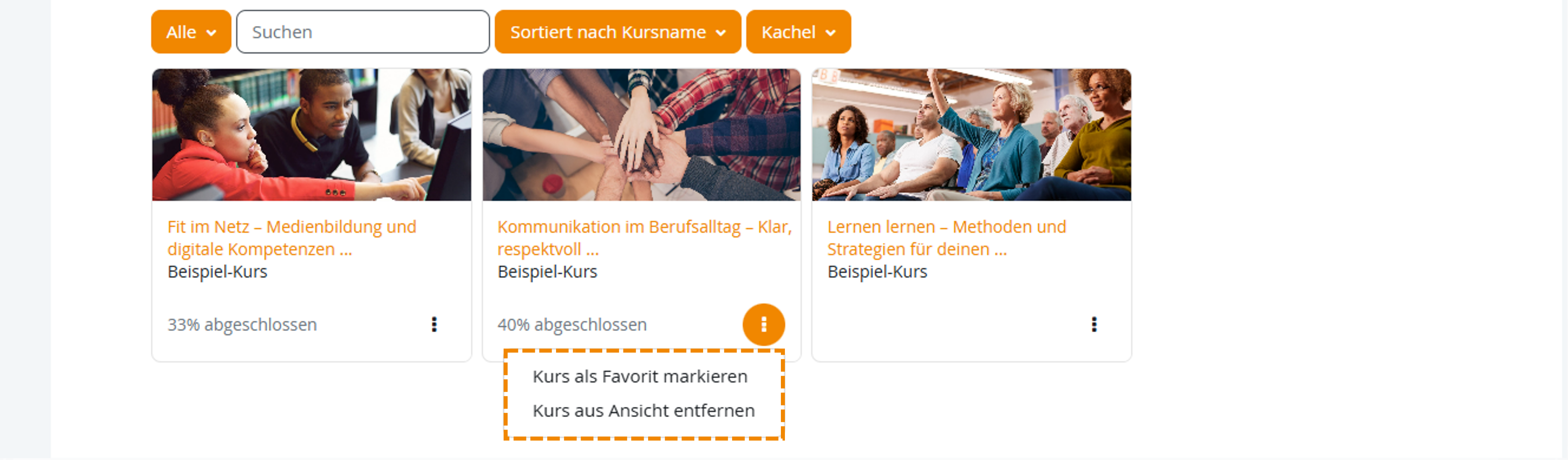 Dropdown-Menü zum Markieren einen Kurses als Favorit oder entfernen eine Kurses
