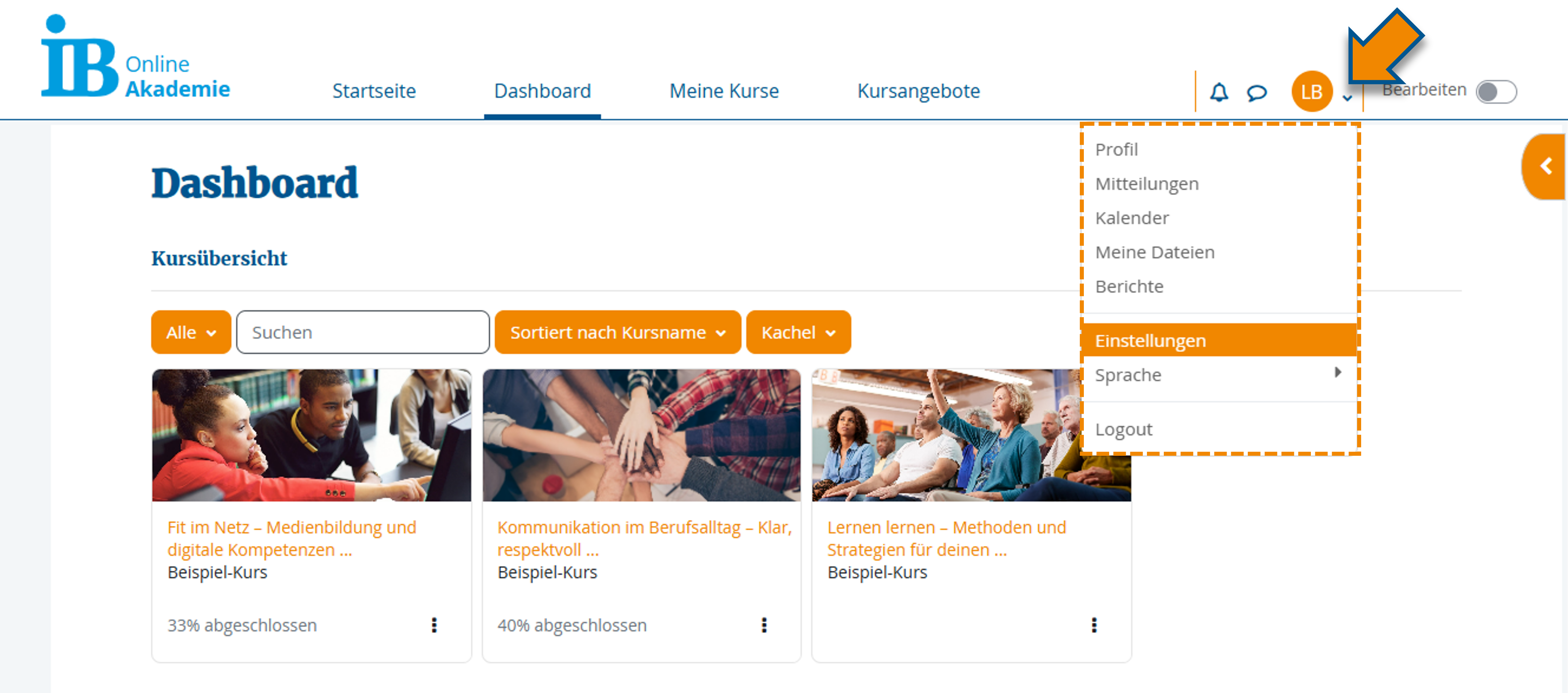 Einstellungen aufrufen über das Profilmenü