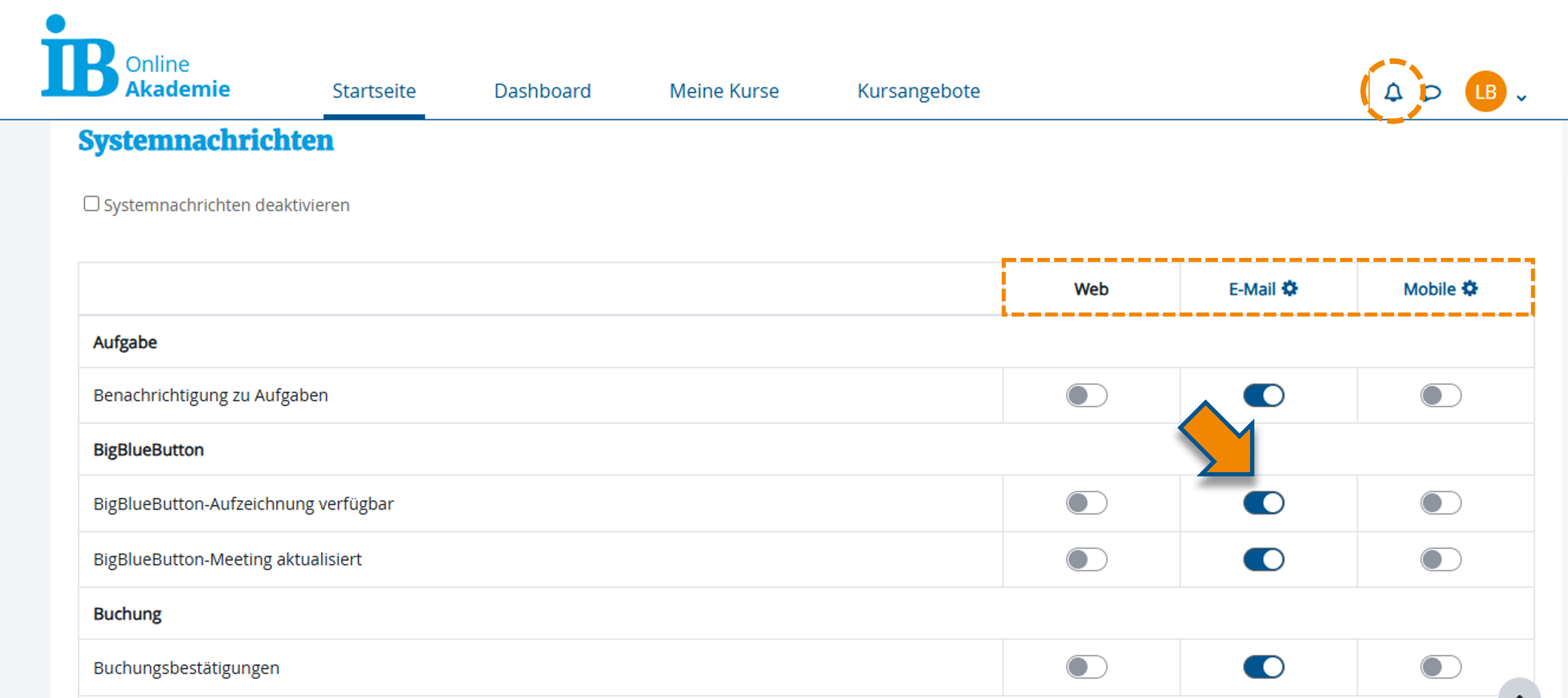 Systemereignisse und Benachrichtigungswege einstellen über die Schieberegler