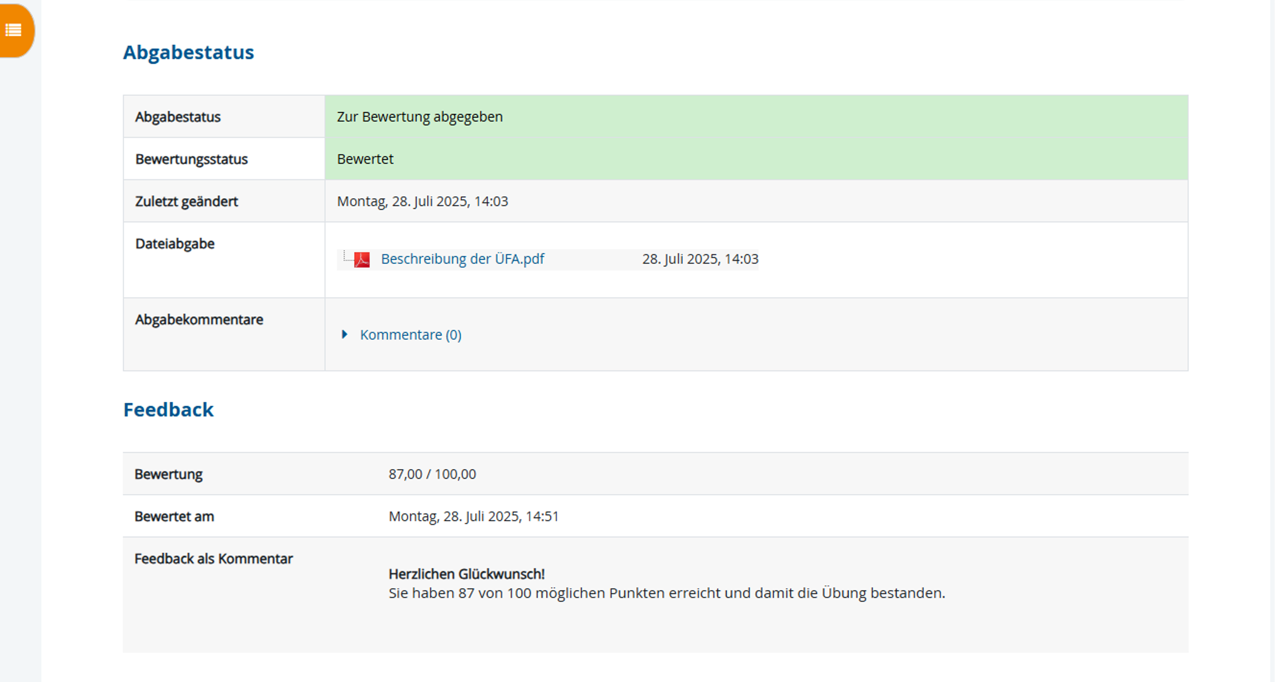 Abgabestatus, Feedback und Bewertung in der Aktivitätsübersicht