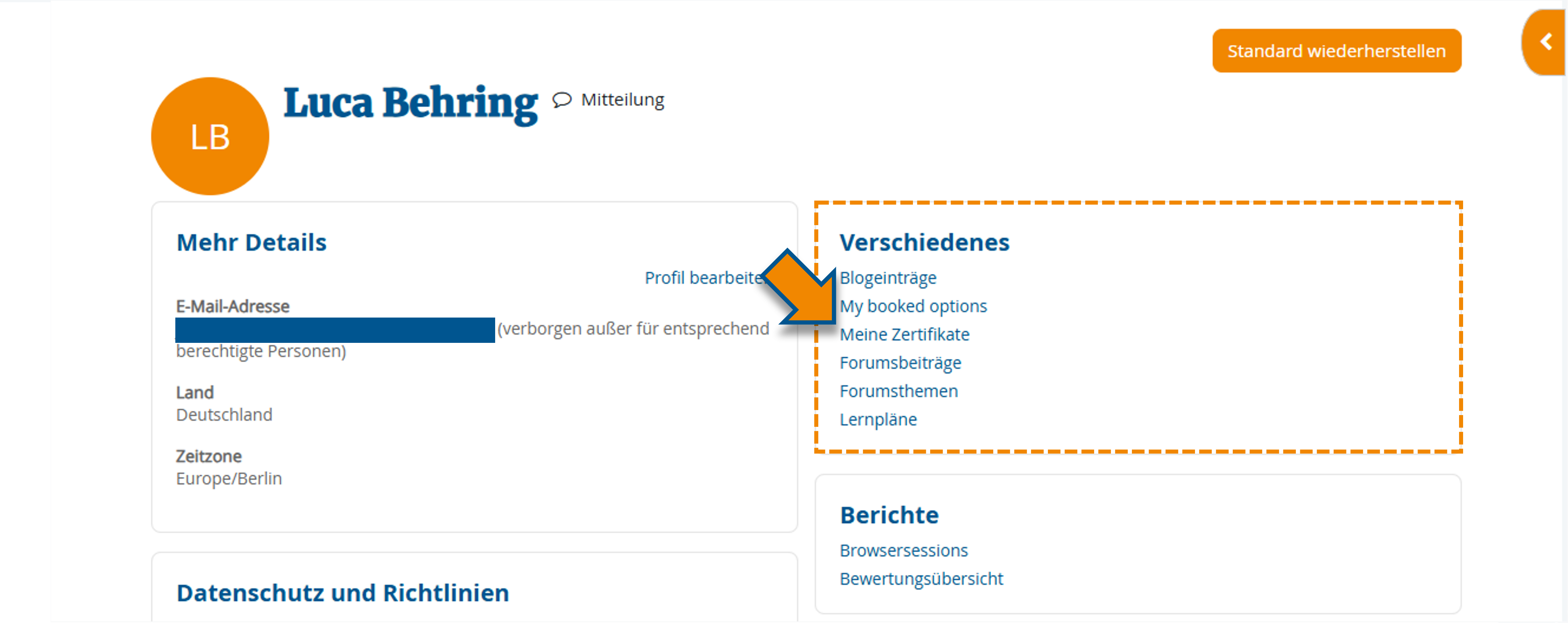 In Profilübersicht "Meine Zertifikate" im rechten Abschnitt anklicken