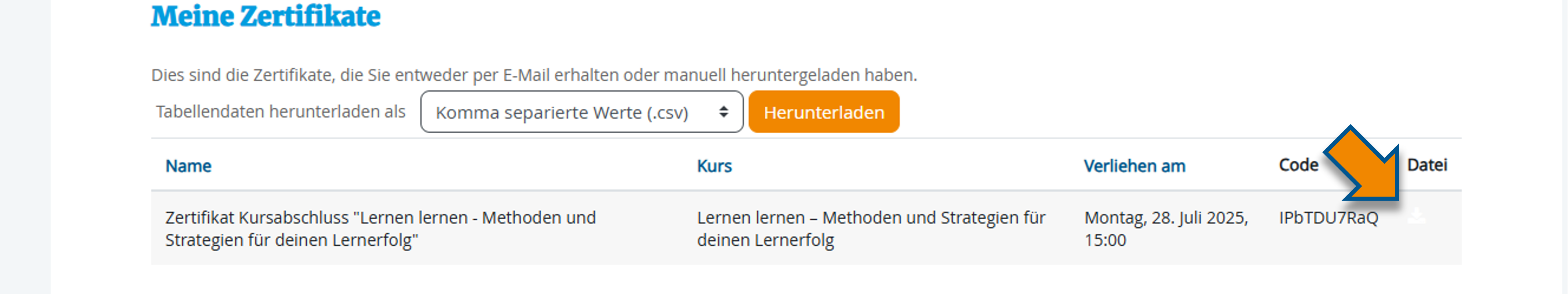 Zertifikat aufrufen und downloaden über Klick auf das Symbol in der Spalte "Datei"