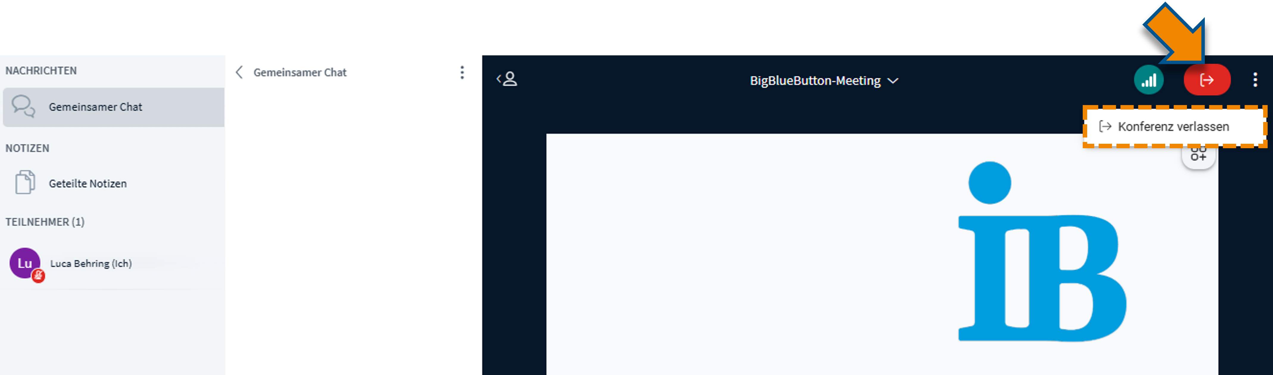 Verlassen des Meetingraums mit Markierung des roten Verlassen-Buttons
