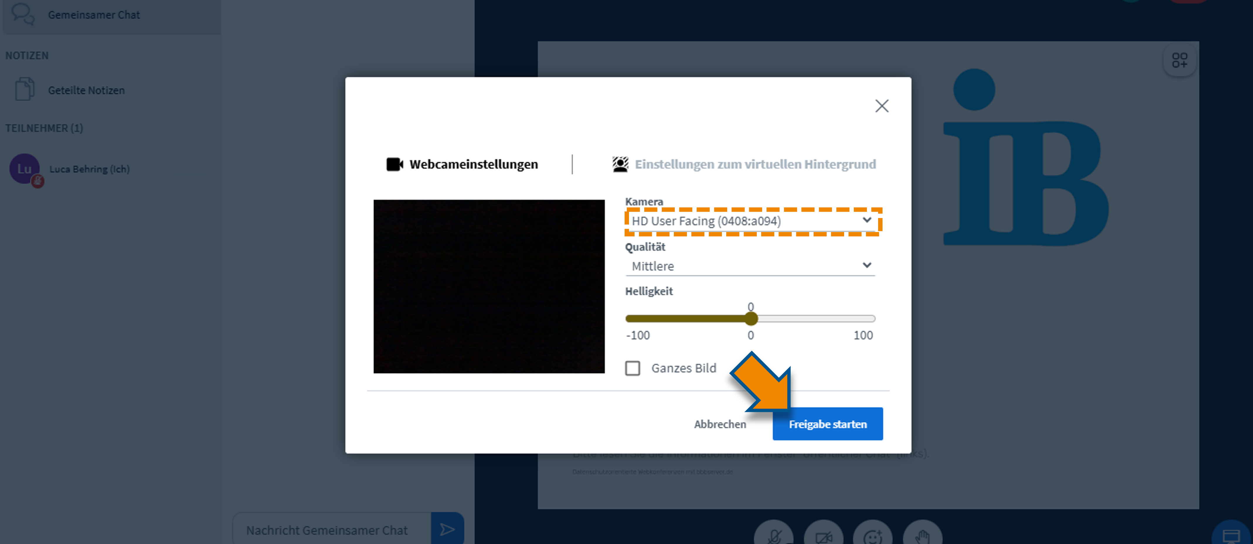 Auswahl externer Geräte in den Webcam-Einstellungen