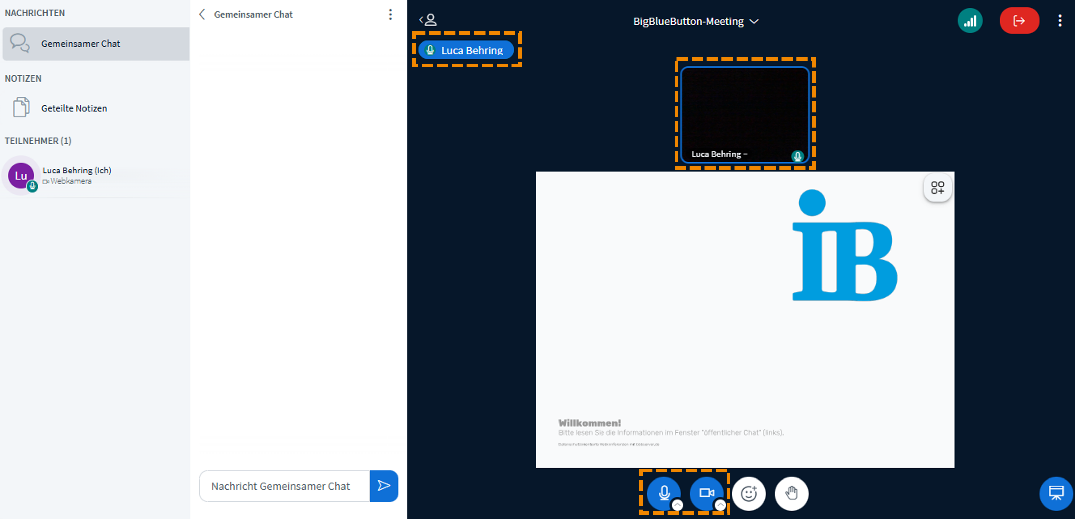 Meetingraum mit Markierung der Kamera- und Audioanzeige