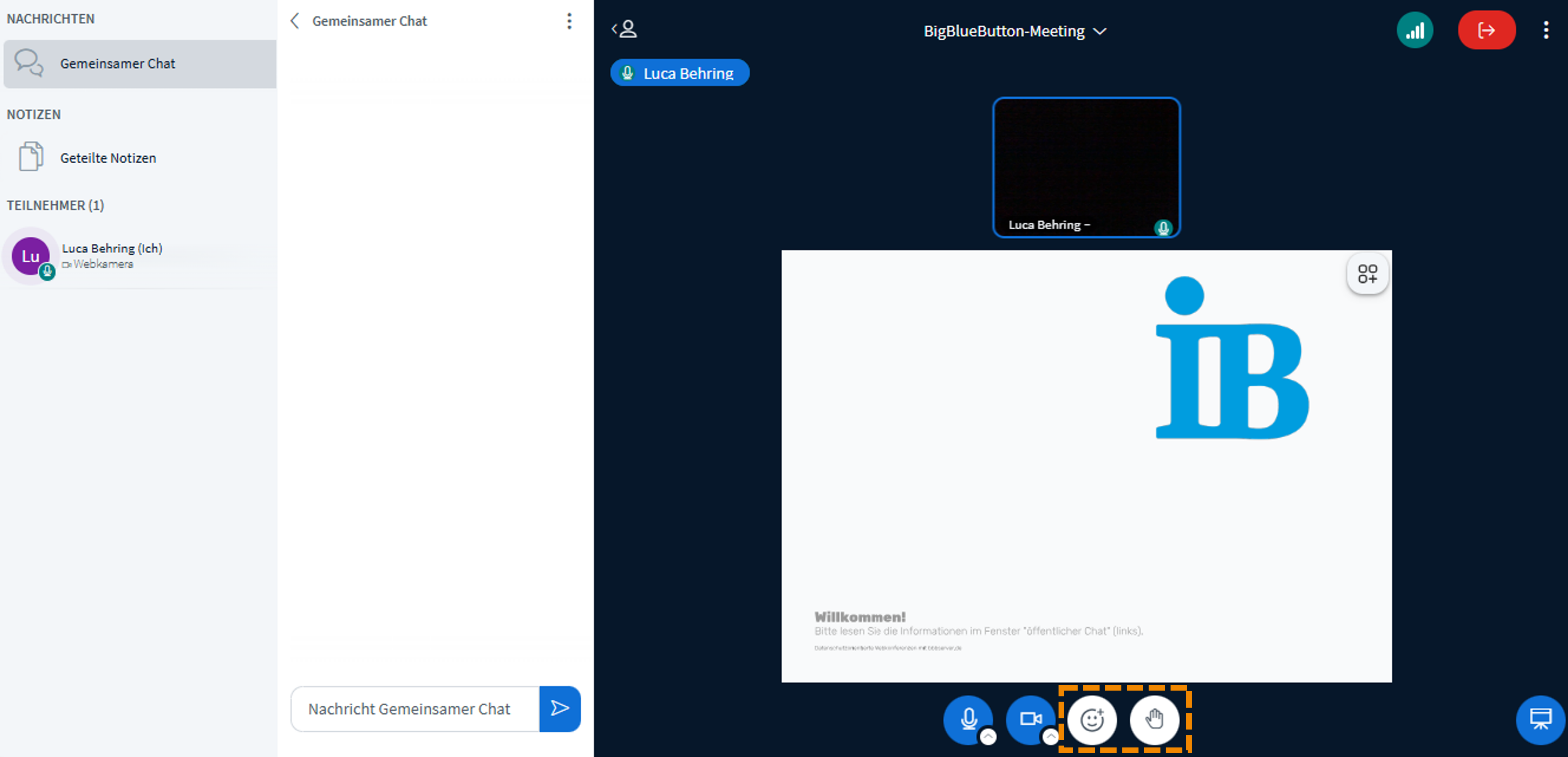 Meetingraum mit Markierung der Reaktion-Buttons für Emotionen und Handmeldung