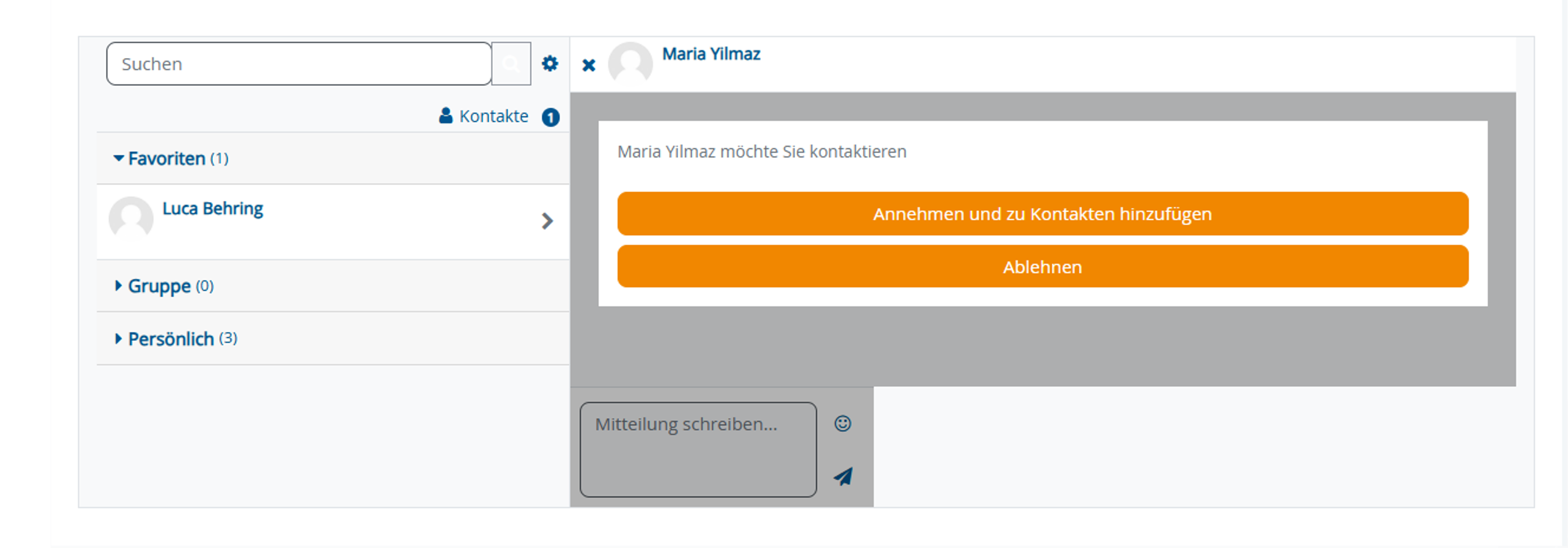 Pop-up mit Auswahl zur Annahme oder Ablehnung der Kontaktanfrage