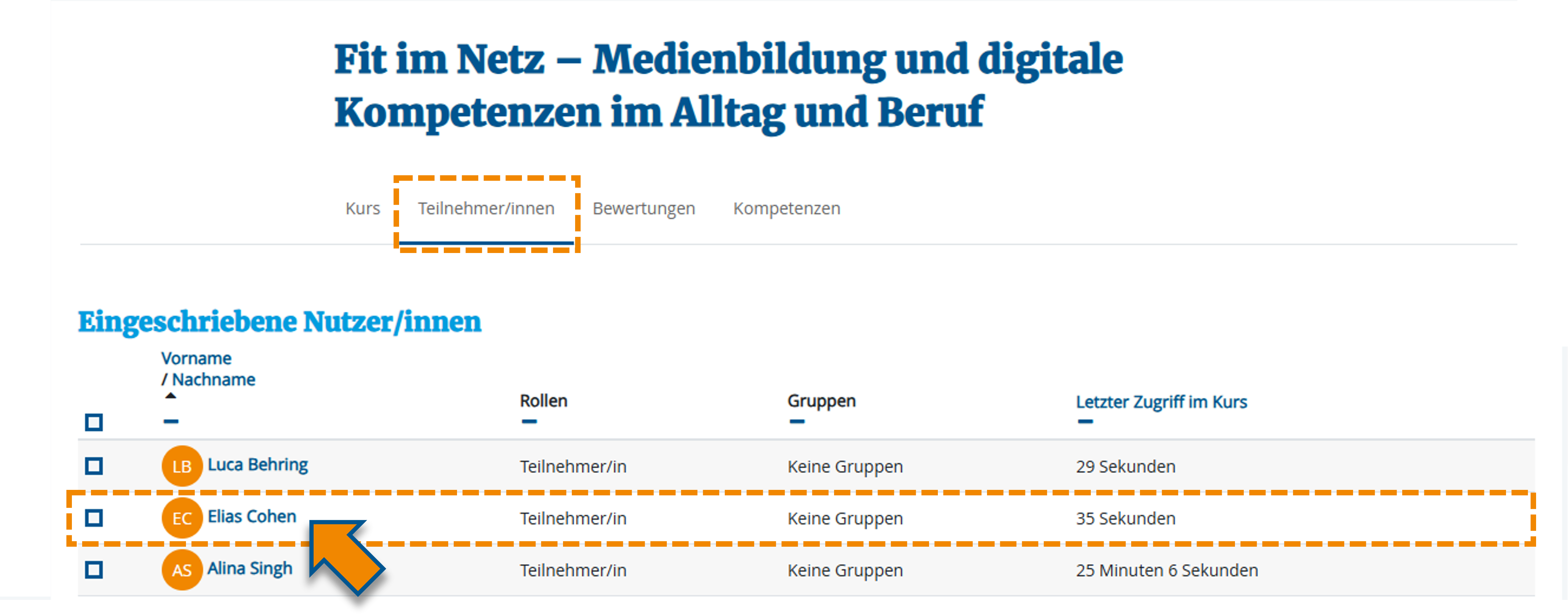 Markierung der Teilnehmer/innen-Übersicht im Moodle-Kurs