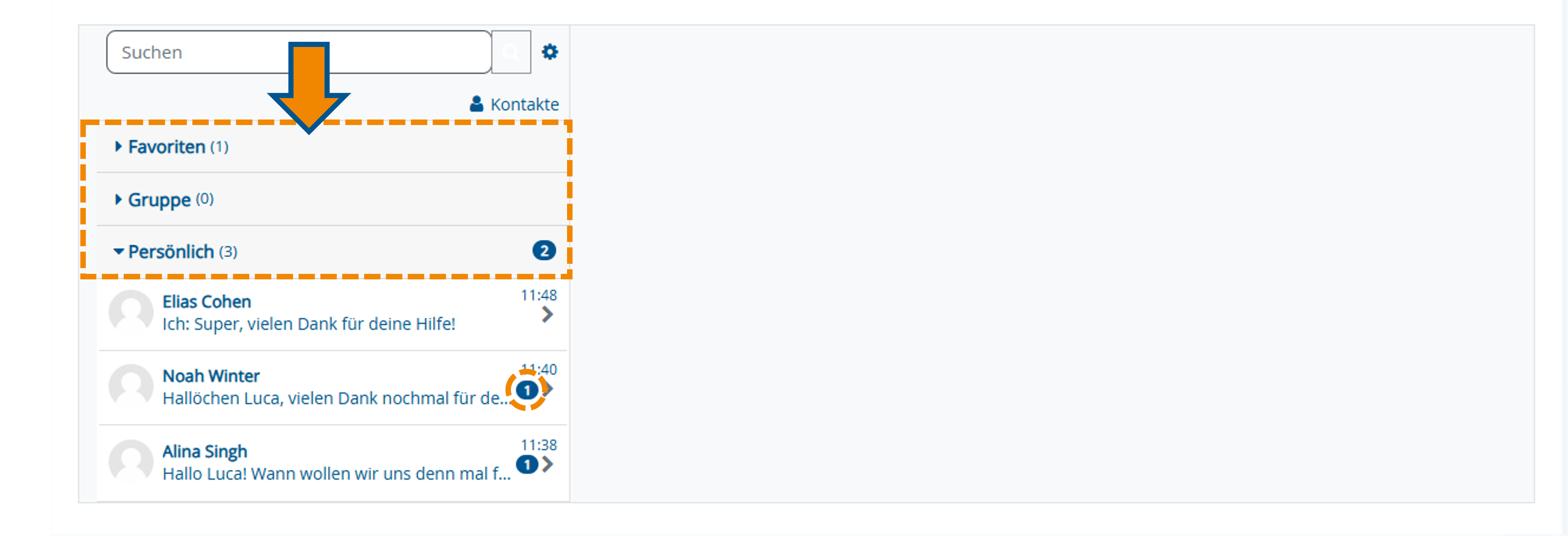 Mitteilungsübersicht mit Markierung der Kategorien