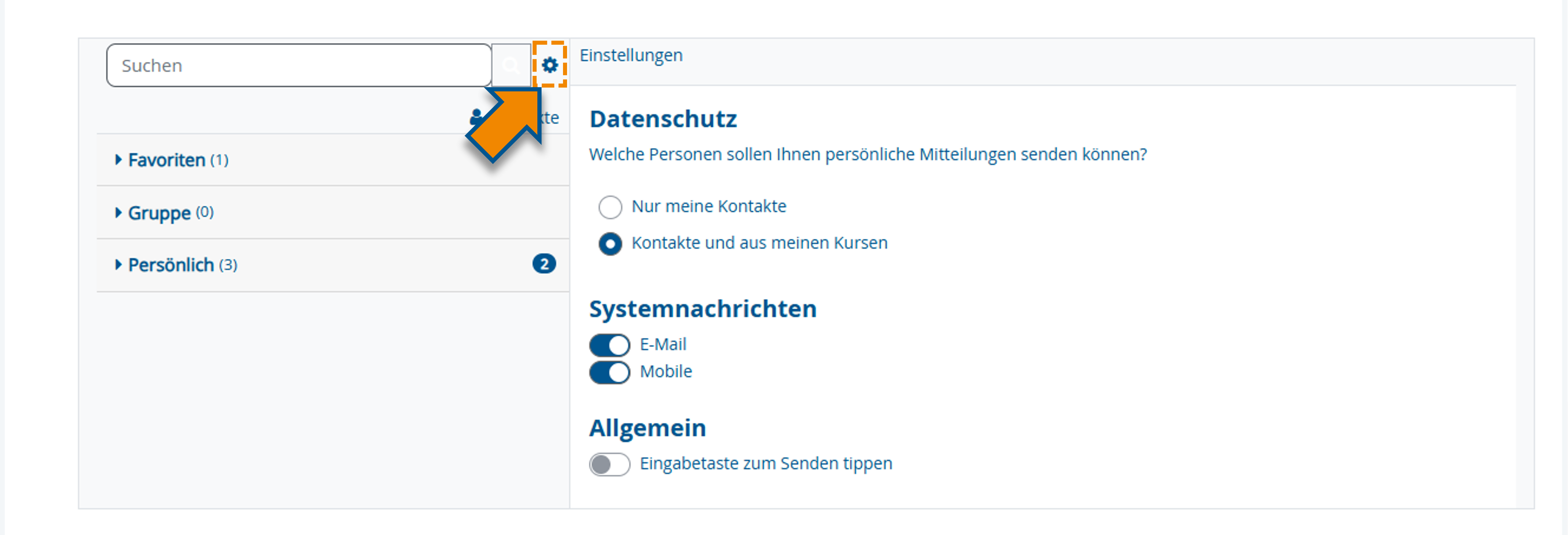 Ansicht der Einstellungsübersicht zum Datenschutz, Systemnachrichten und allgemeinen Einstellungen
