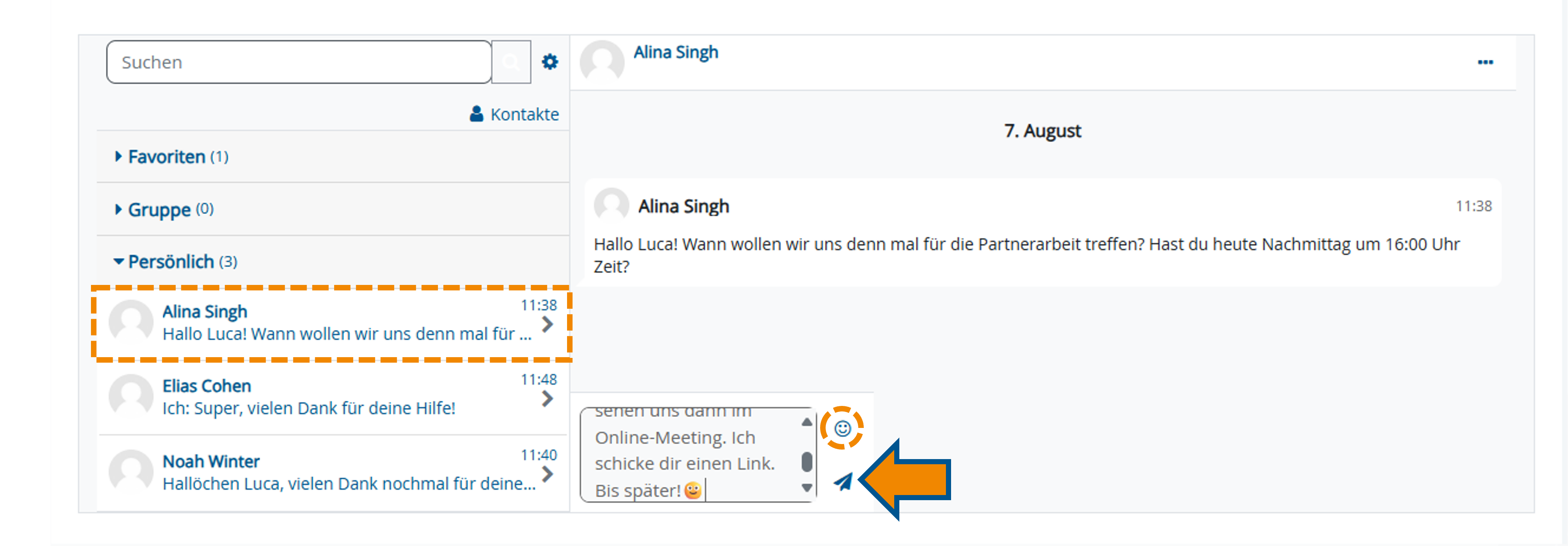 Senden einer neuen Nachricht mit Markierung des Kontakts, der Smiley- und Sendefunktion