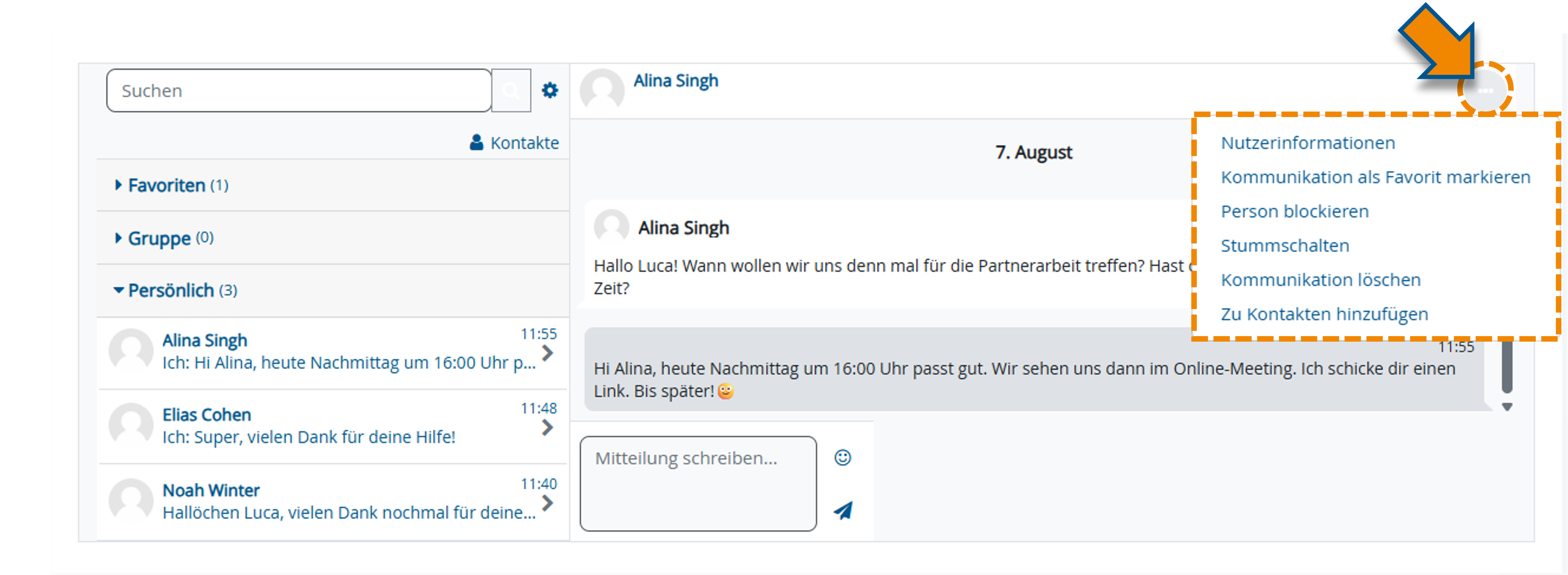 Markierung der Einstellungsoptionen für einen exemplarischen Kontakt