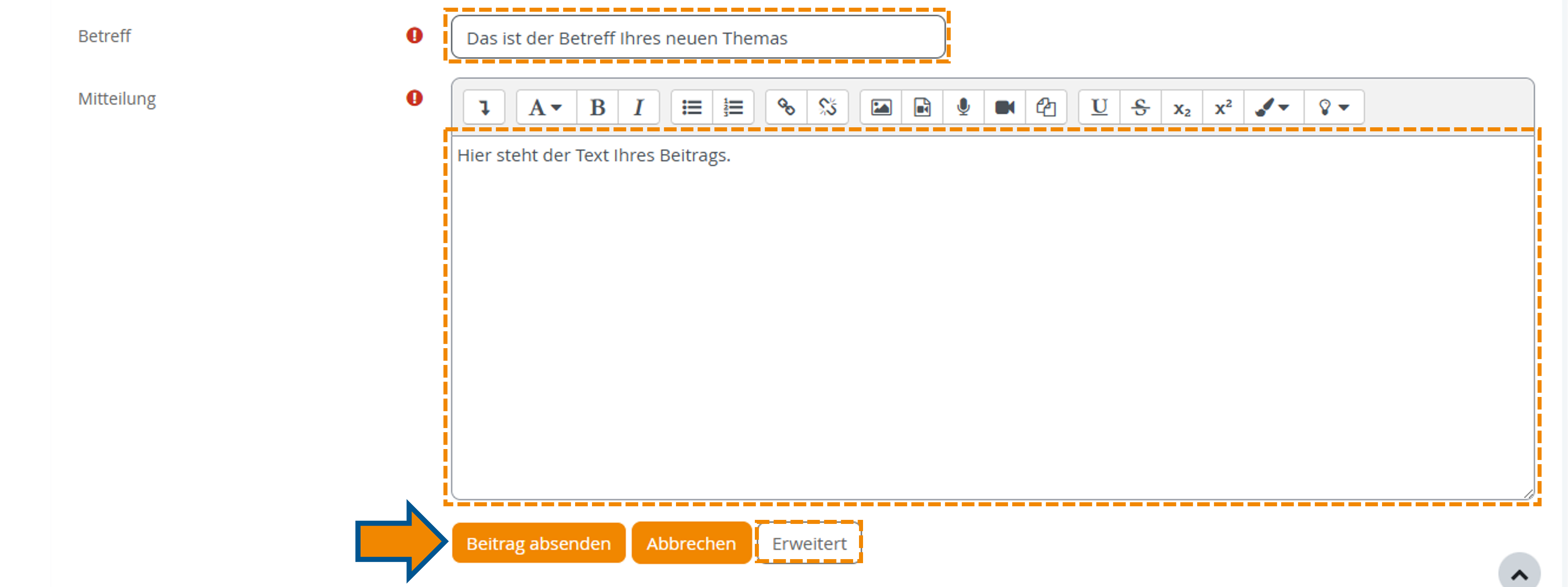 Markierung der Textfelder in der Übersicht der Beitragserstellung