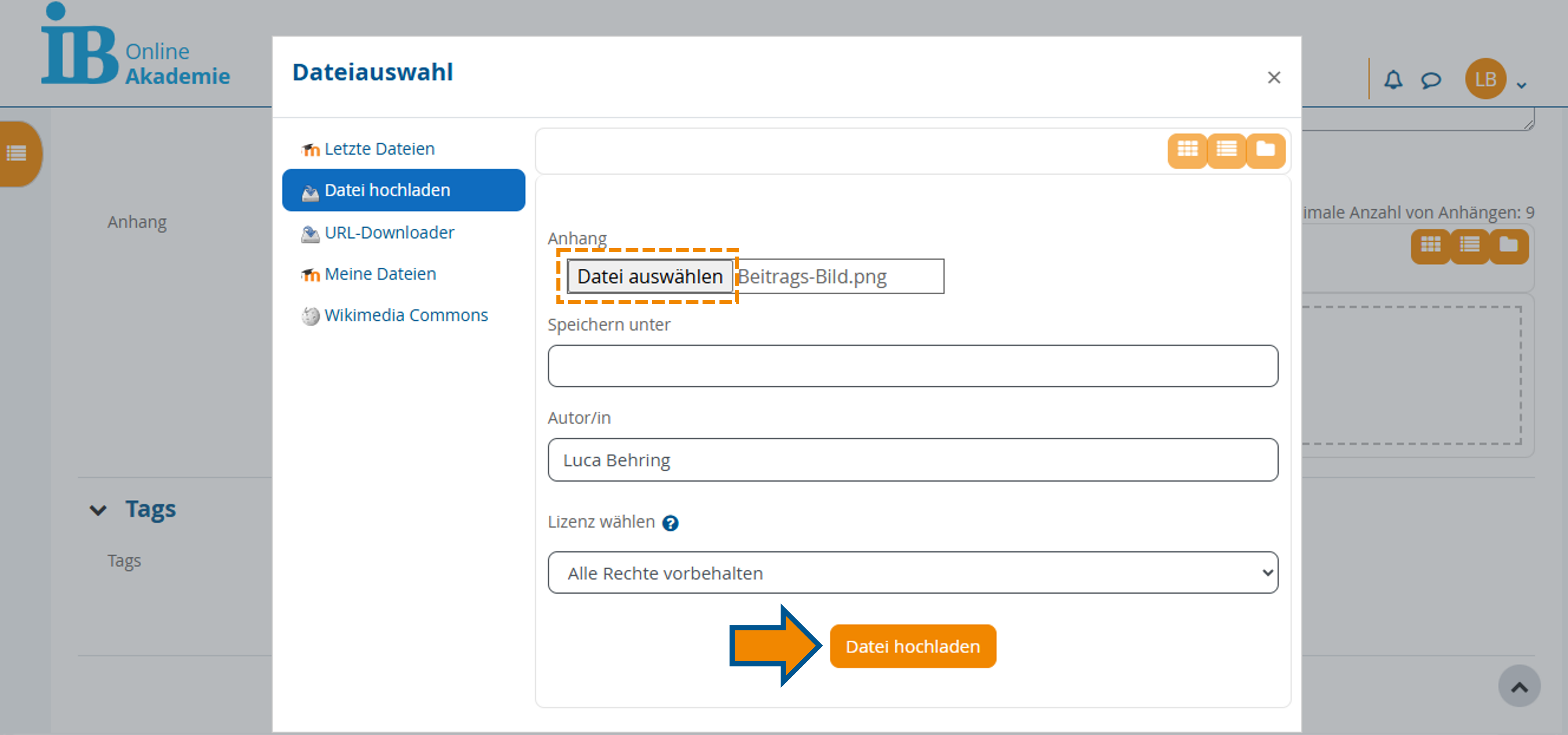 Ansicht Pop-up-Fenster zur Dateiauswahl und Markierung des "Datei hochladen"-Buttons