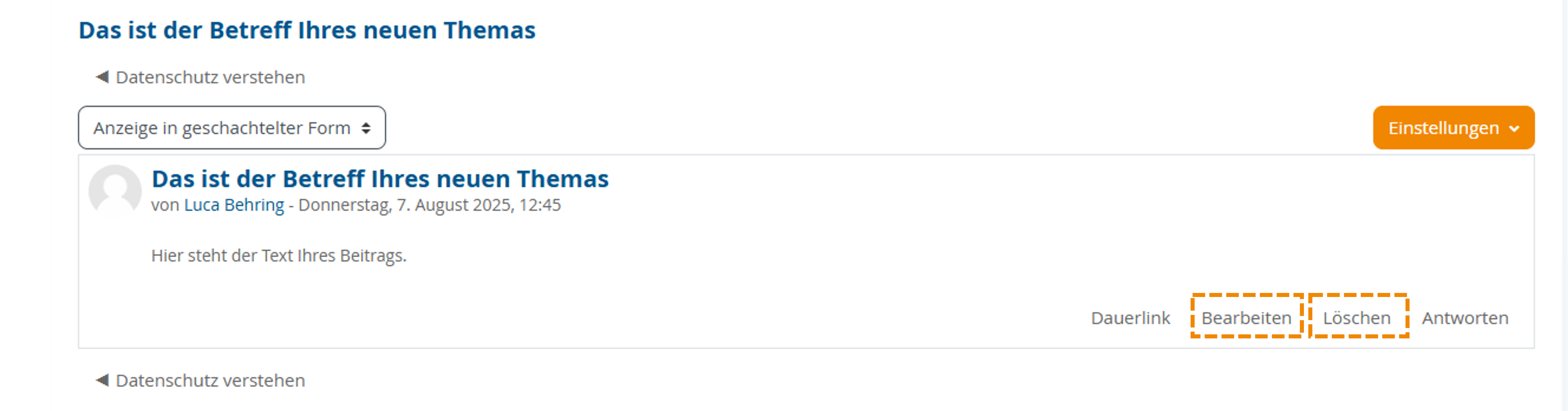 Markierung der "Bearbeiten"- und "Löschen"-Funktion in der Beitragsansicht des selbst verfassten Beitrags