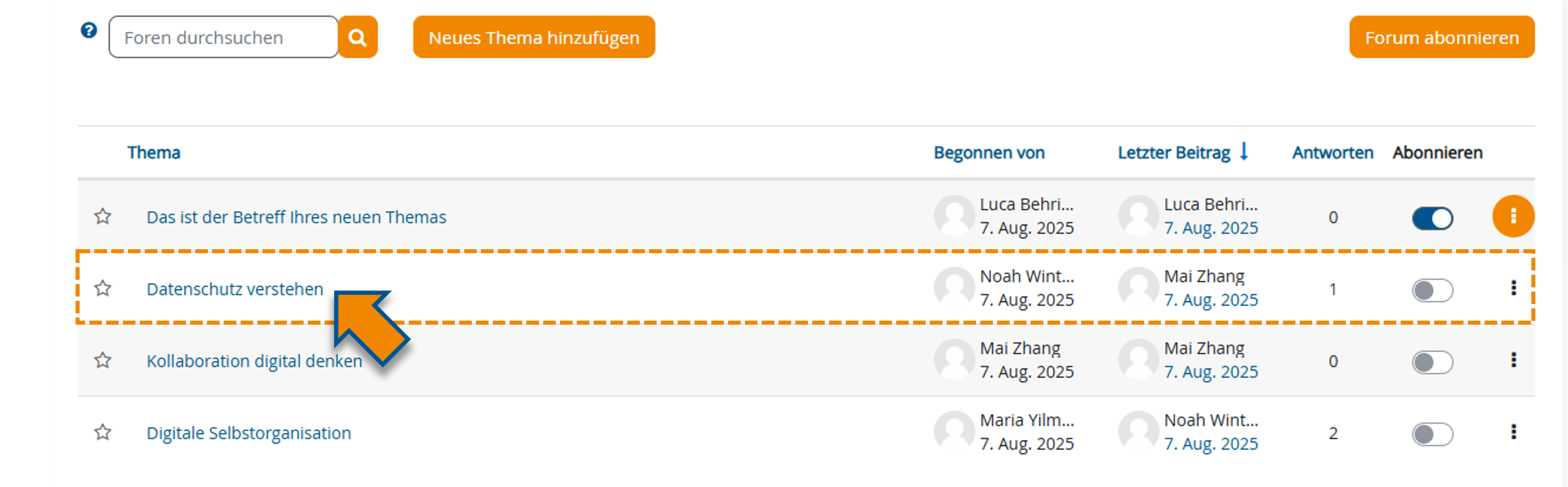 Markierung eines exemplarischen Themas in der Themenübersicht zur Ansicht des Themas