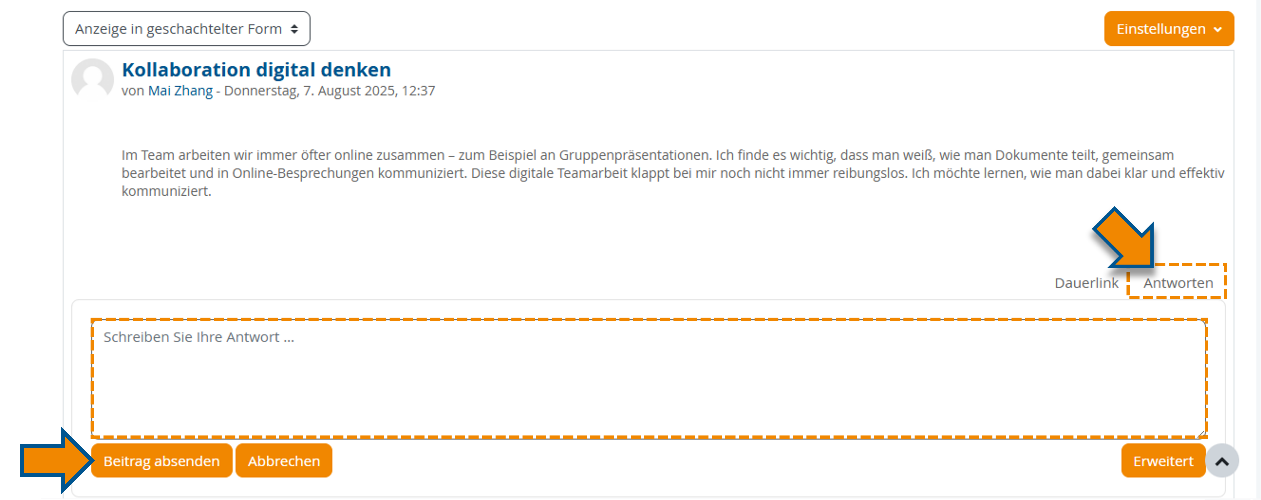 Verfassung einer Antwort mit markierter "Antworten"-Funktion, Textfeld und Absende-Buttons