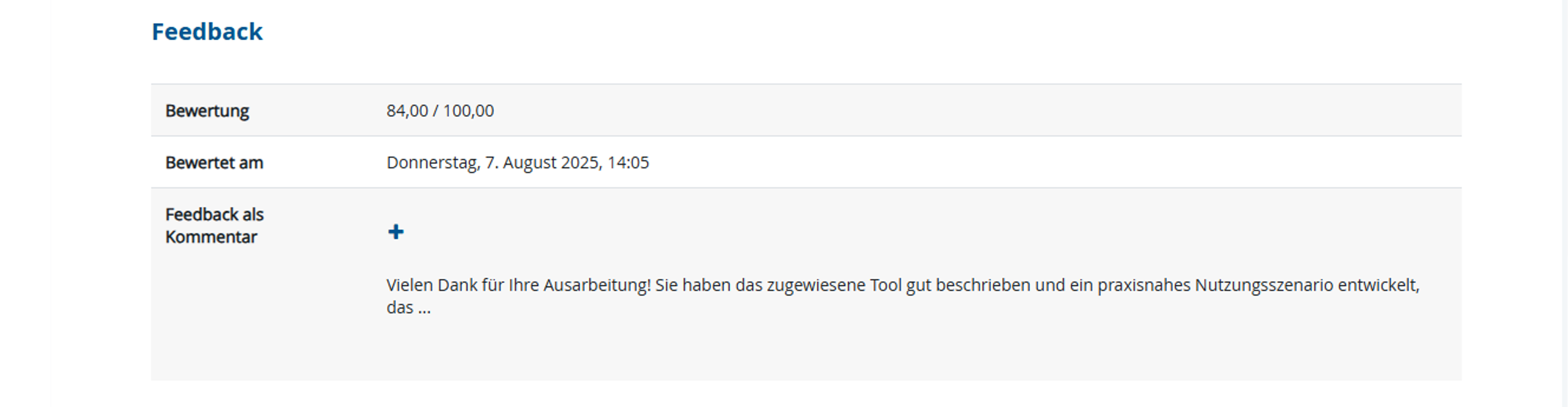 Abgabe exemplarisches Feedback nach erfolgter Bewertung