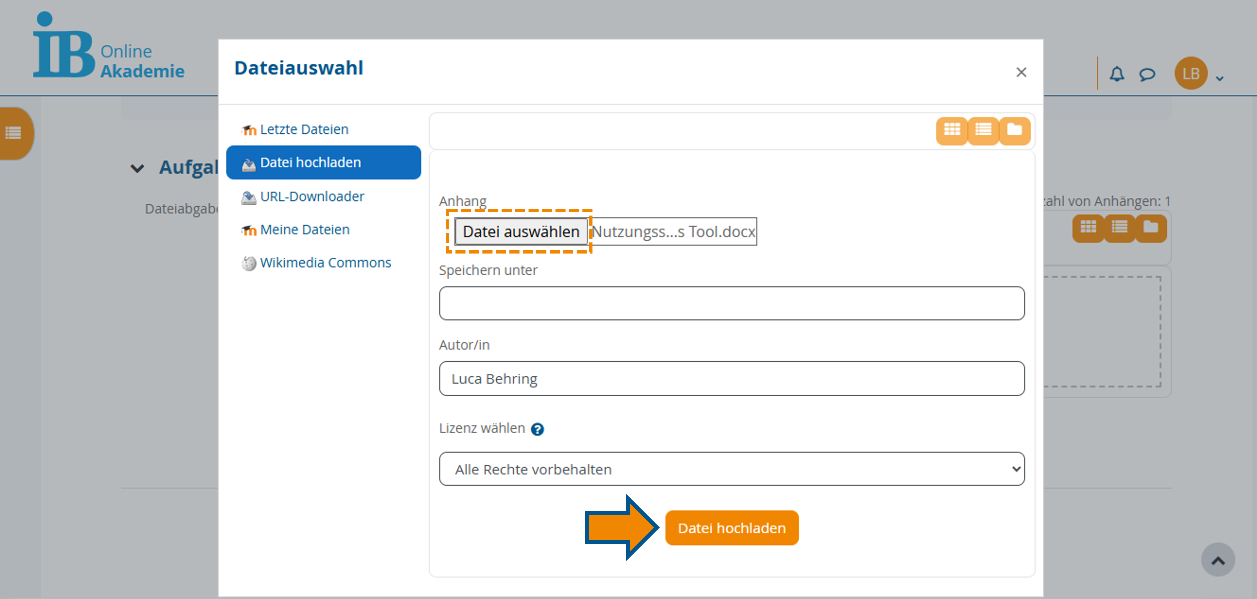 Upload-Pop-up mit Markierung der Buttons "Datei auswählen" und "Datei hochladen"