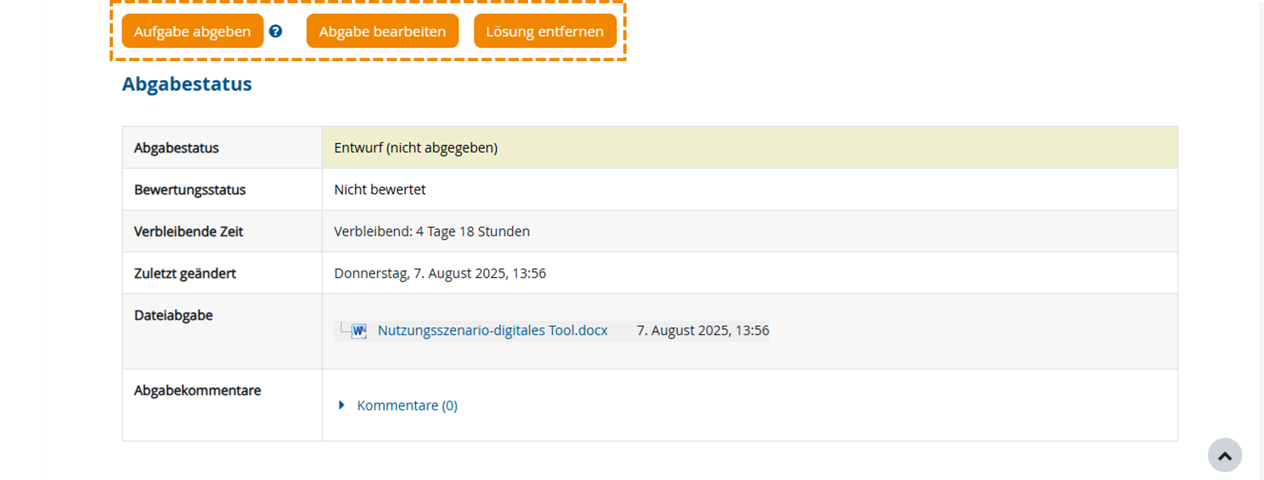 Markierung der Buttons oberhalb des Aufgabenstatus zur Abgabe, Bearbeitung oder Entfernung der Lösung