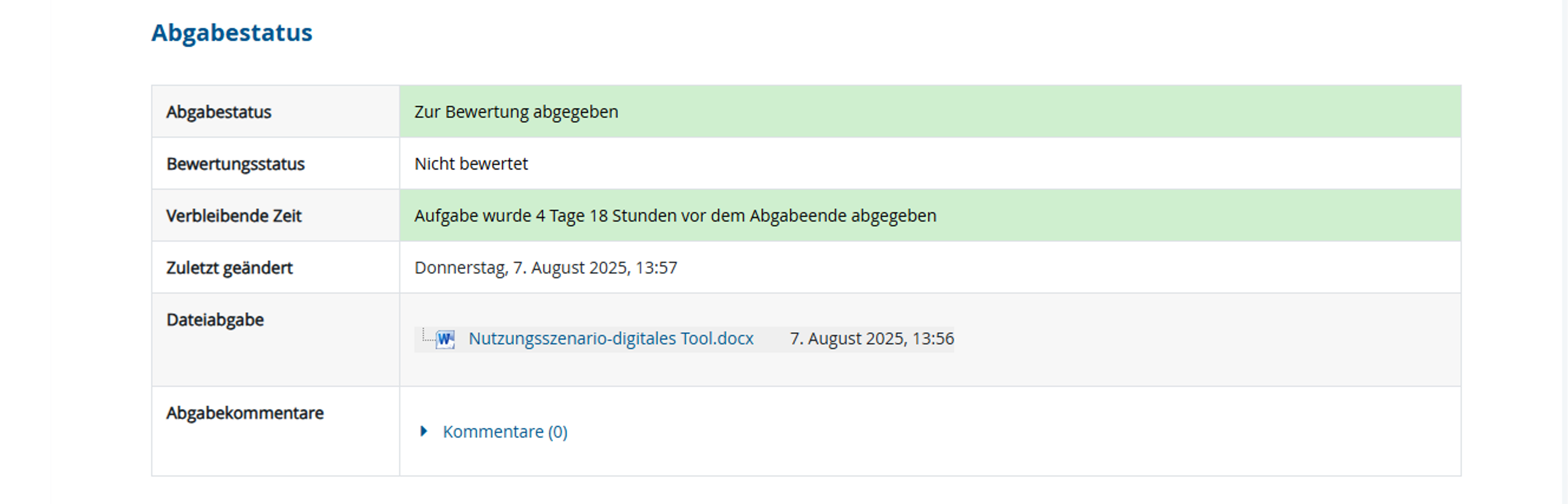 Ansicht geänderter Abgabestatus nach Anhabe der Lösung