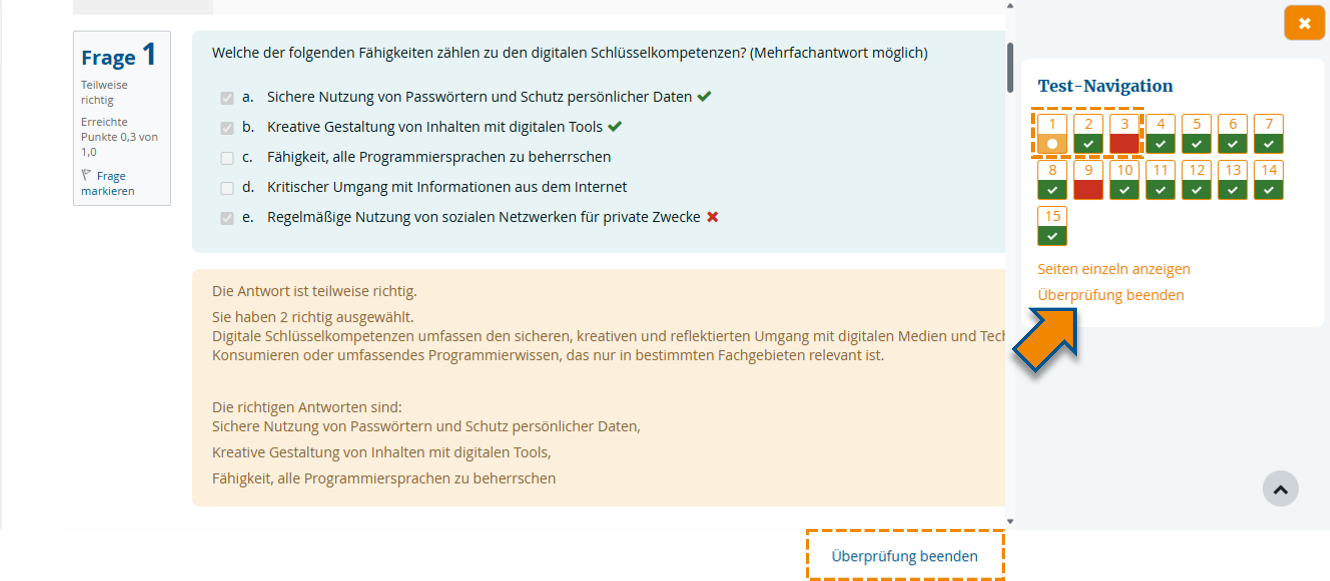 Ansicht der Testüberprüfung mit exemplarischem Feedback und Markierung der "Überprüfung beenden"-Funktion