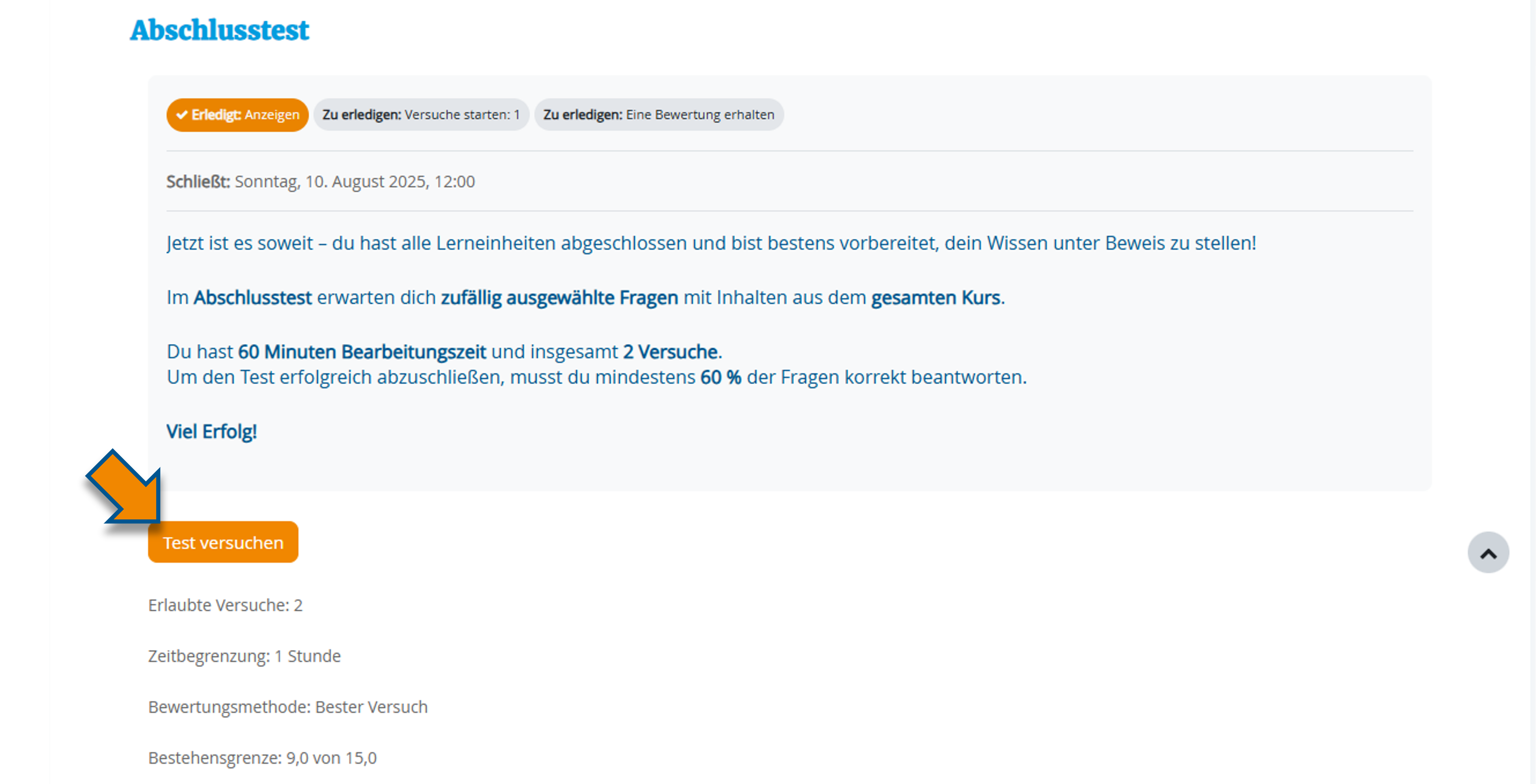 Ansicht der Aktivitätsübersicht mit exemplarischer Aufgabenstellung und Vorgaben und Markierung des "Test versuchen"-Buttons