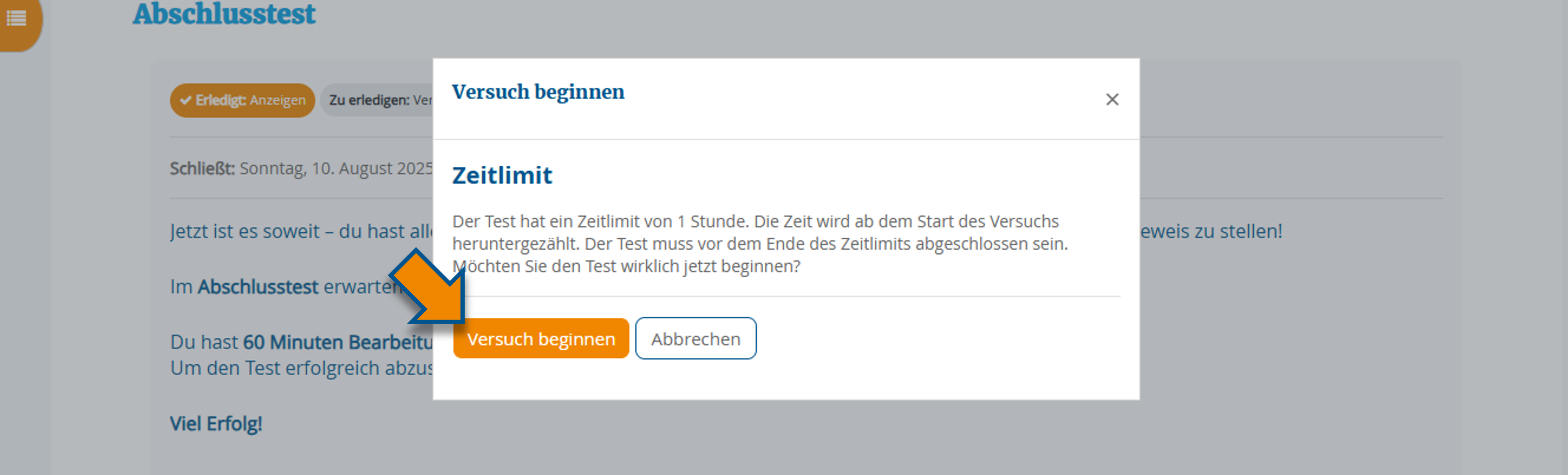 Ansicht Pop-up-Fenster mit Hinweis zum Zeitlimit und Markierung des "Versuch beginnen"-Buttons