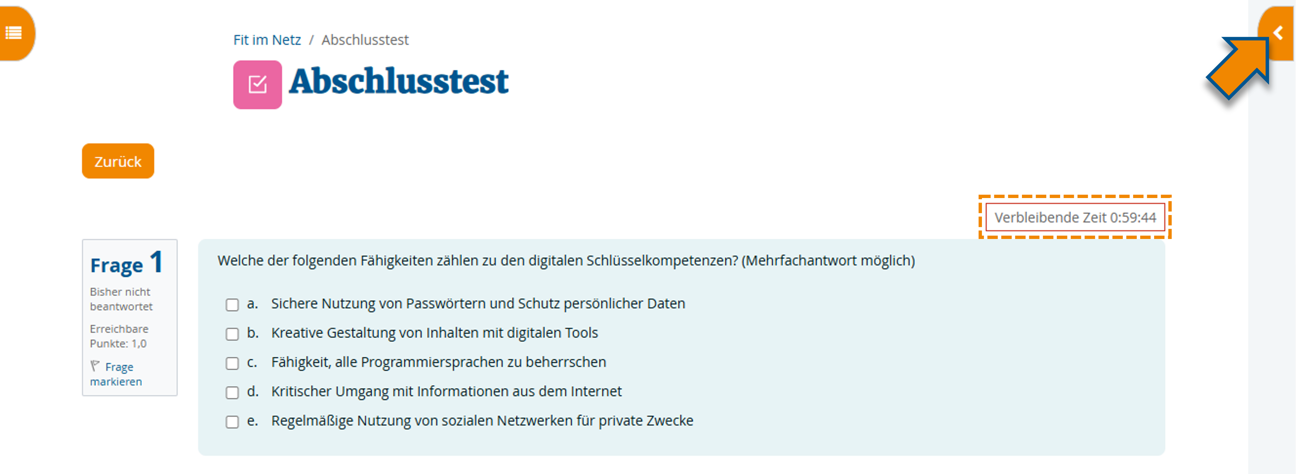 Testansicht mit exemplarischer Multiple-Choice-Frage und Markierung der verbleibenden Zeit sowie der Test-Navigationsleiste