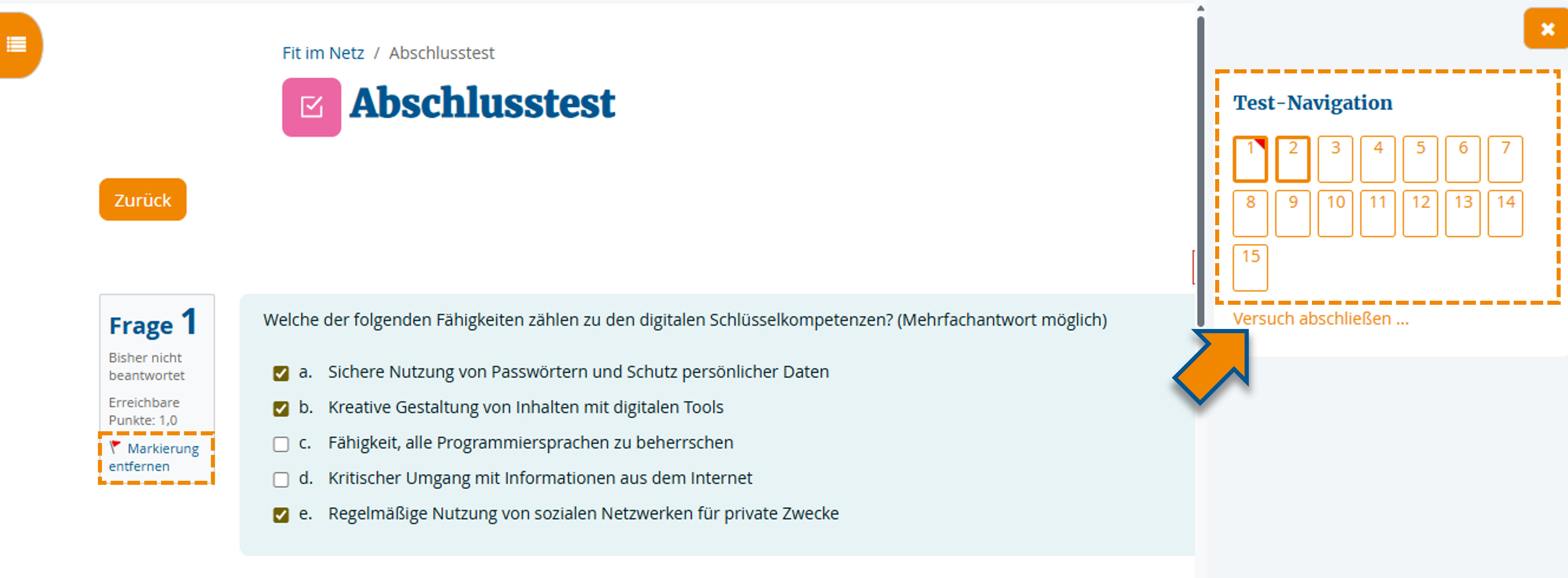 Ansicht mit Markierung der Test-Navigation und Markierung einer exemplarischen Frage im Navigationsmenü