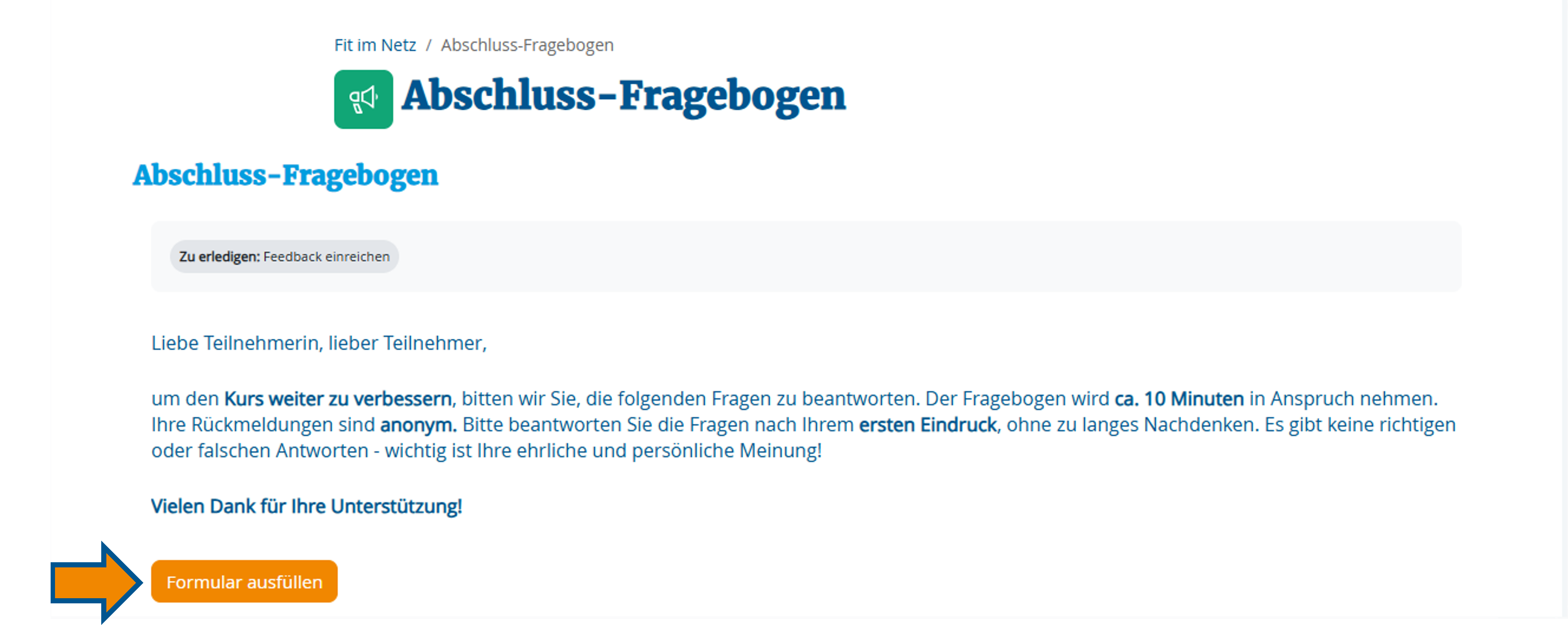 Aktivitäts-Übersicht mit exemplarischer Aktivitätsbeschreibung und Markierung des "Formular ausfüllen"-Buttons
